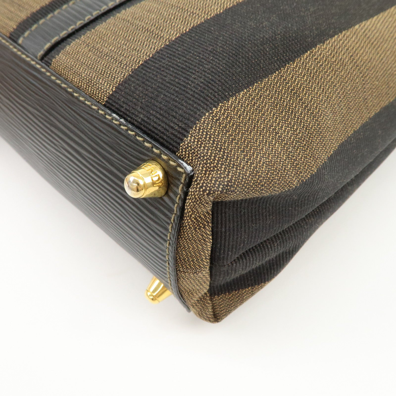 FENDI Pequin Canvas Leather Hand Bag Tote Bag Black Brown