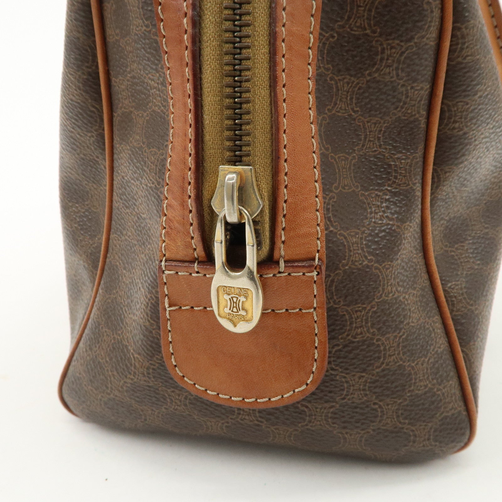 CELINE Macadam Leather PVC Boston Bag Hand Bag Brown Used