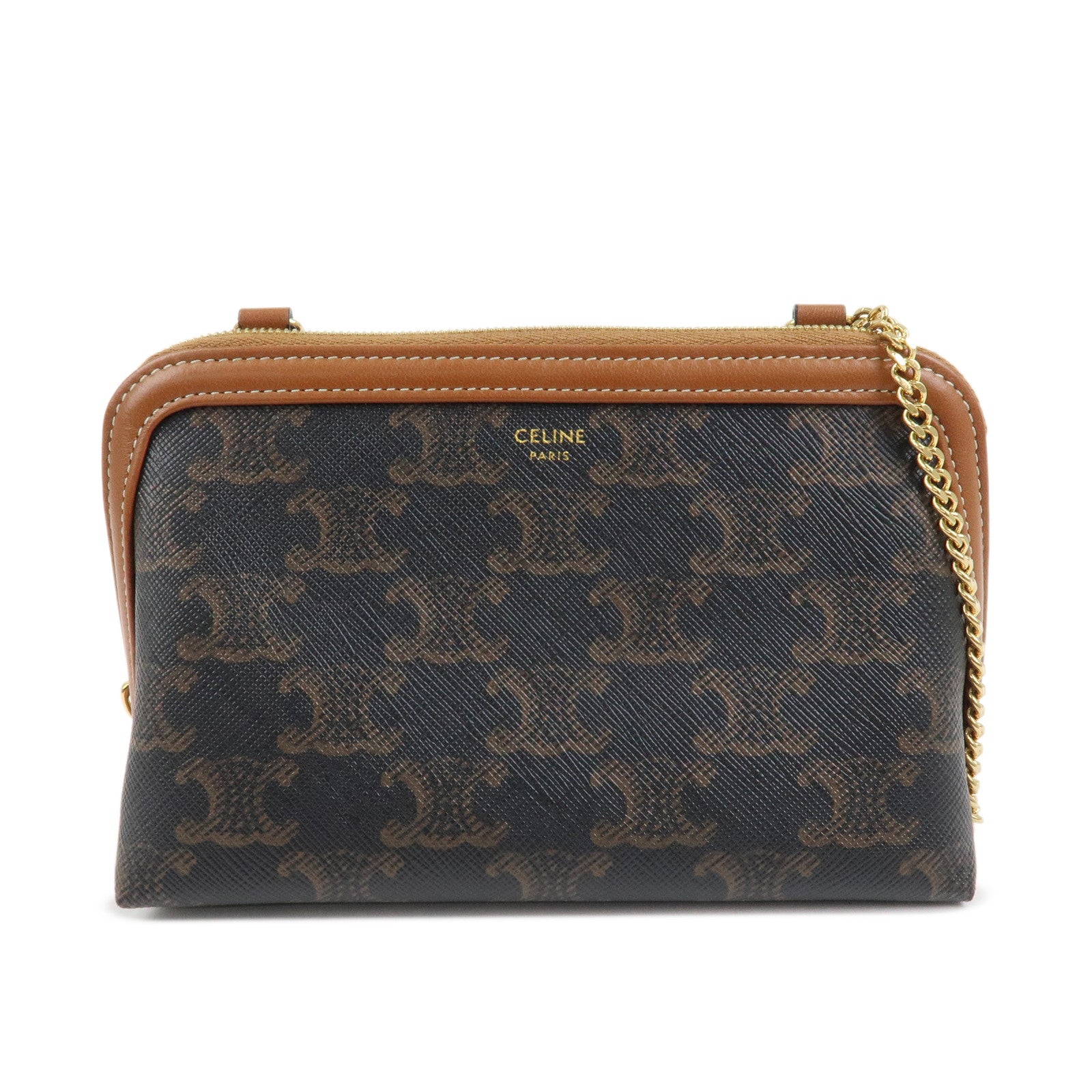 CELINE Triomphe Canvas Lamb Skin Chain Shoulder Bag Tan