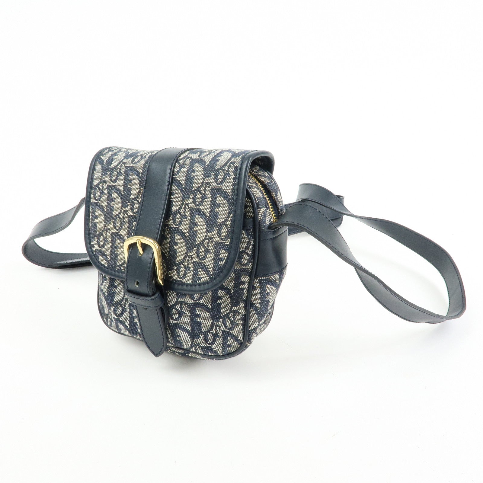 Christian Dior Trotter Jacquard Leather Shoulder Crossbody Bag Navy