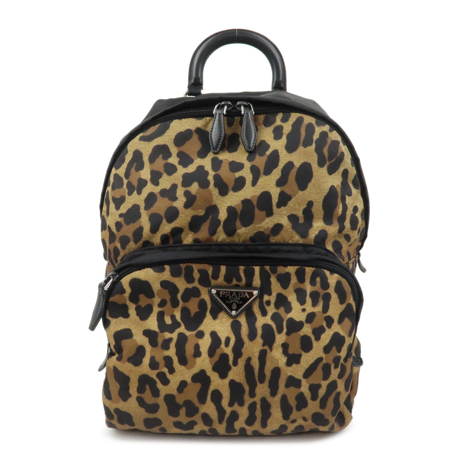 PRADA Nylon Leather Backpack Rucksack Leopard Black 1BZ001