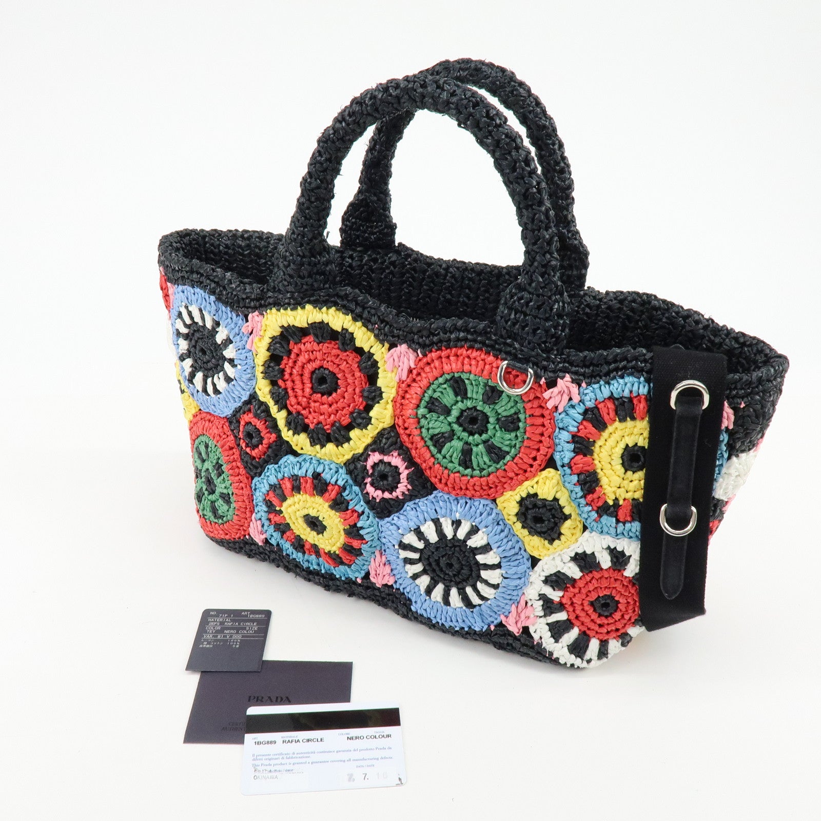 PRADA Triangle Logo Raffia 2Way Hand Bag Black Multicolor 1BG889