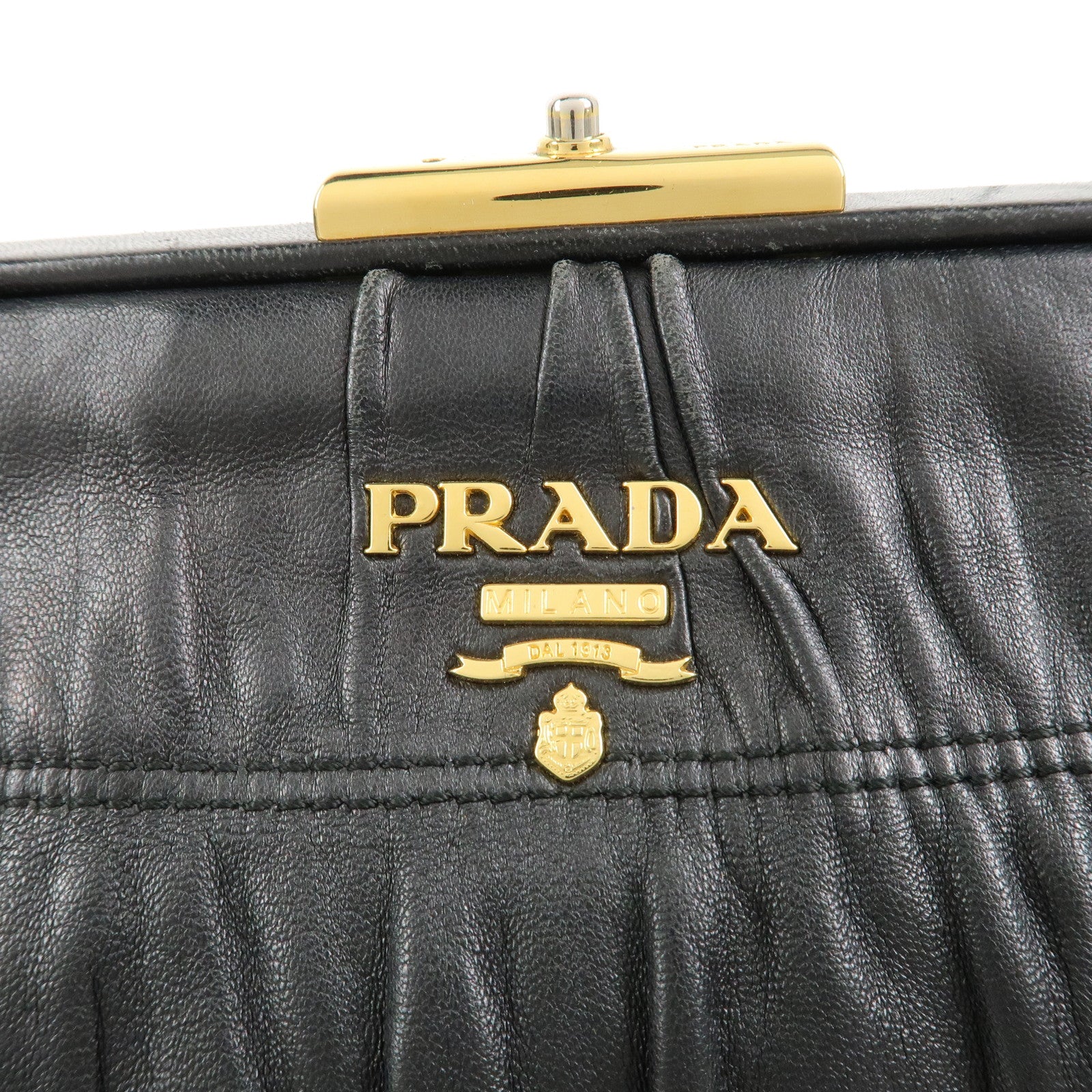 PRADA Logo Nappa Leather Gathered Shoulder Bag Hand Bag Black