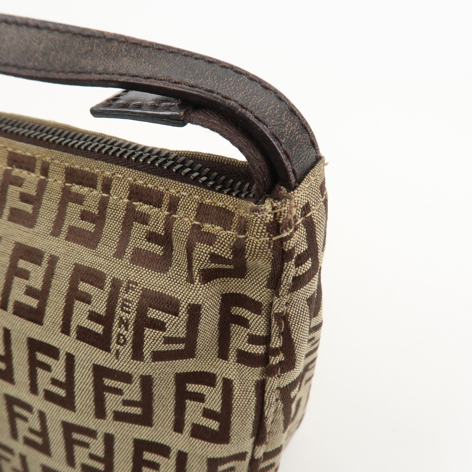 FENDI Zucchino Canvas Leather Hand Bag Pouch Bag Brown 8N0001