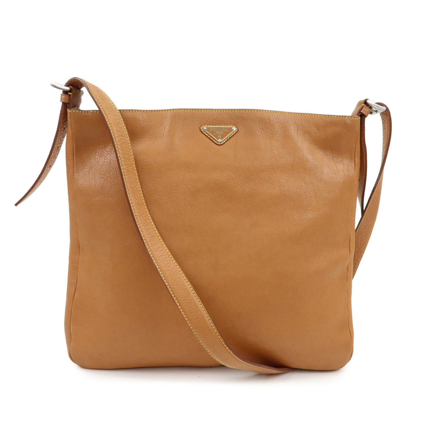 PRADA Triangle Logo Calf Leather Shoulder Crossbody Bag Brown