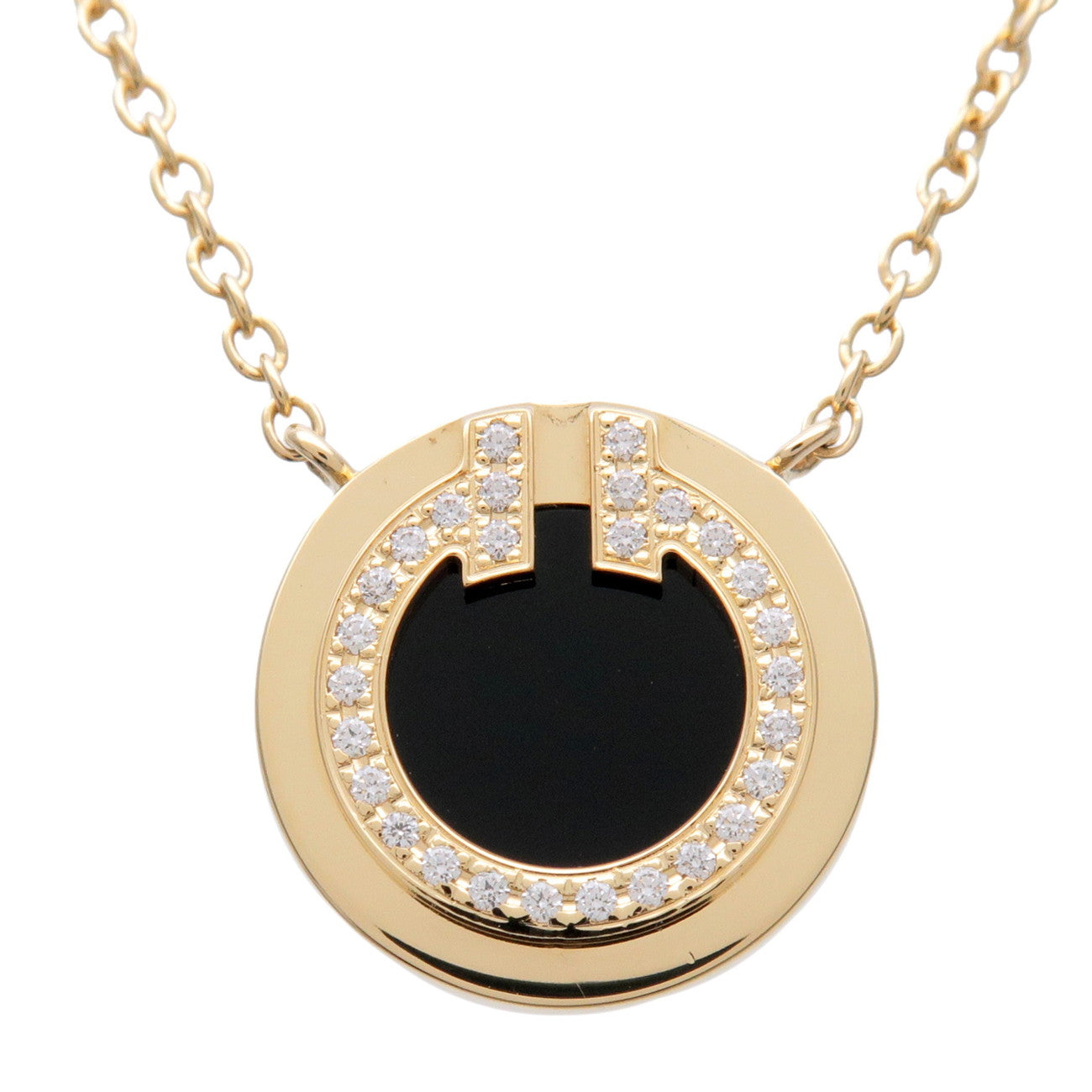 Tiffany & Co T TWO Circle Diamond Onyx Necklace K18 750YG Black