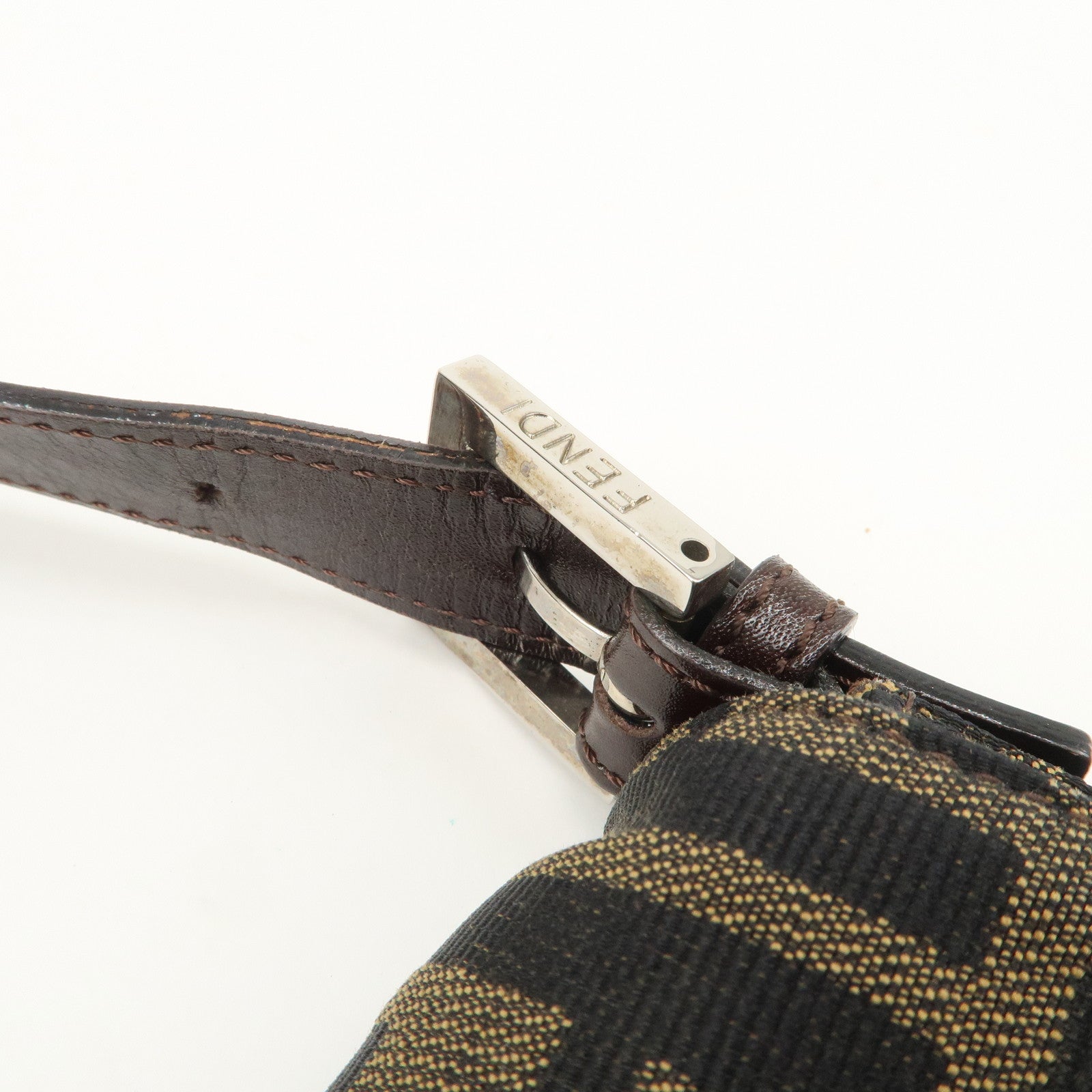 FENDI Mamma Baguette Zucca Canvas Leather Shoulder Bag Black Brown 26424