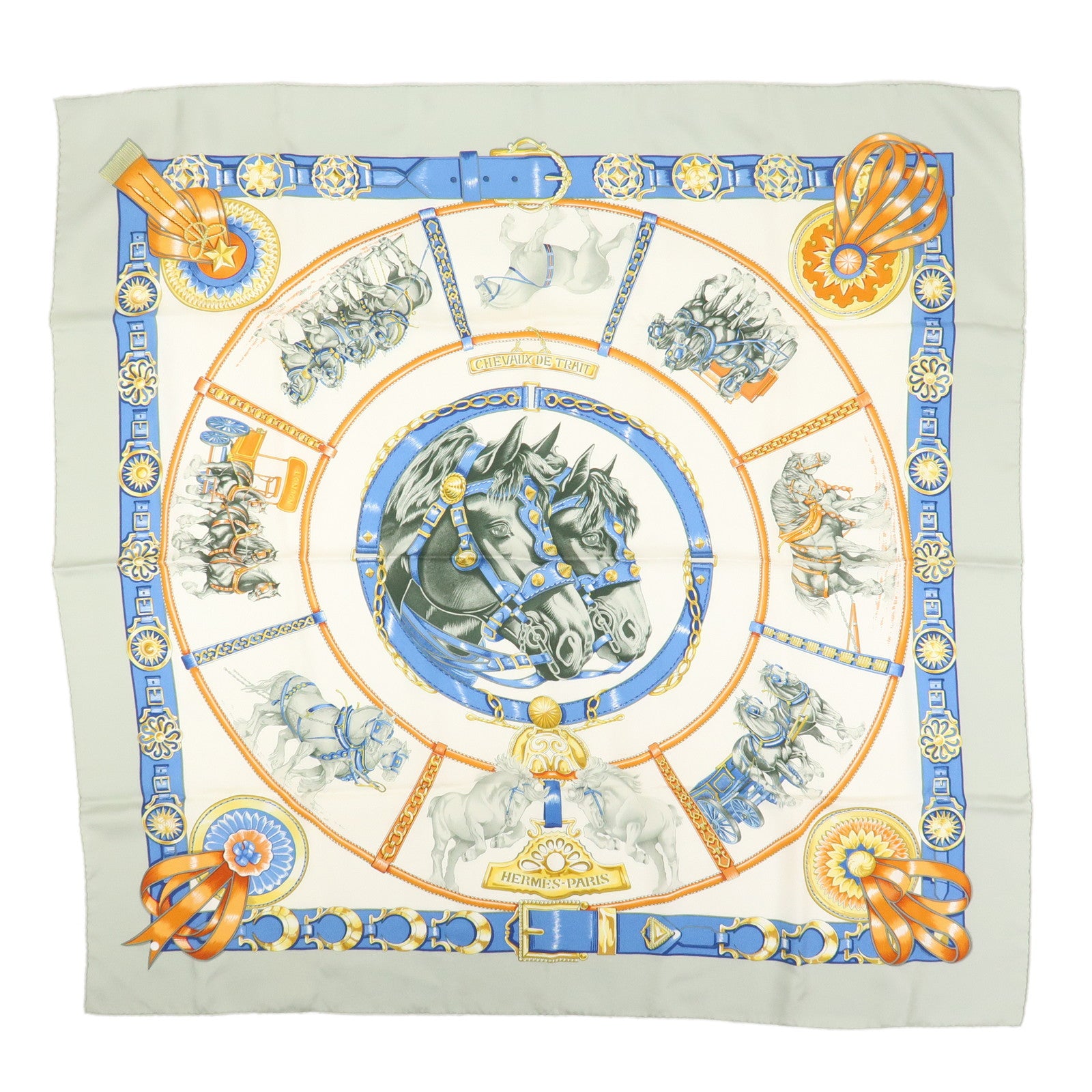 HERMES Carre 90 Silk 100% Scarf CHEVAUX DE TRAIT Ivory Multicolor