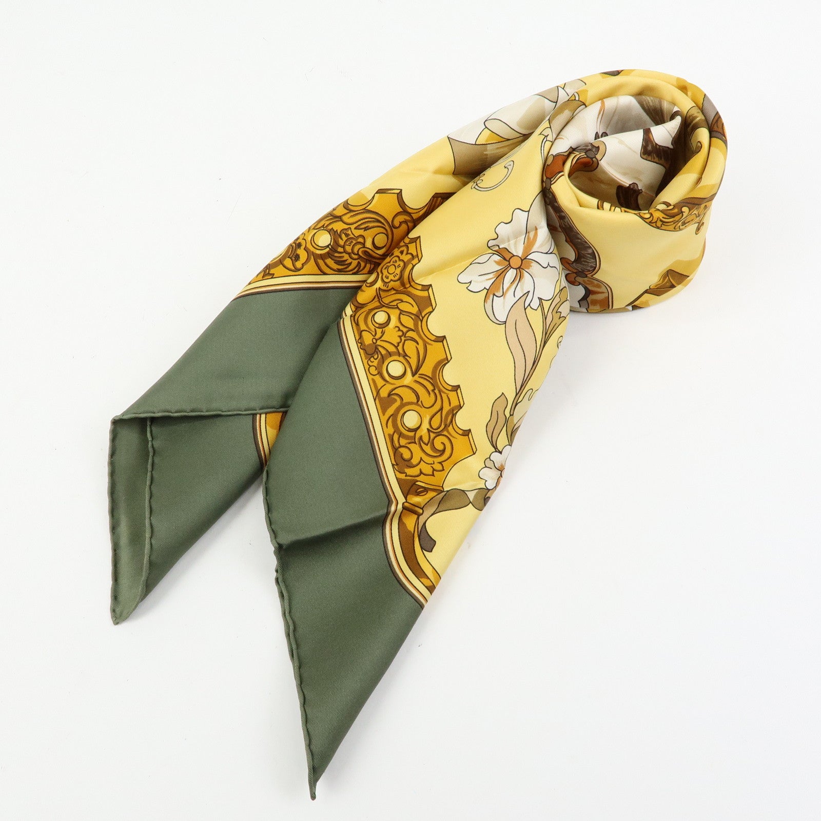 HERMES Carre 90 Silk 100% Scarf Copeaux Gold Yellow Moss Green