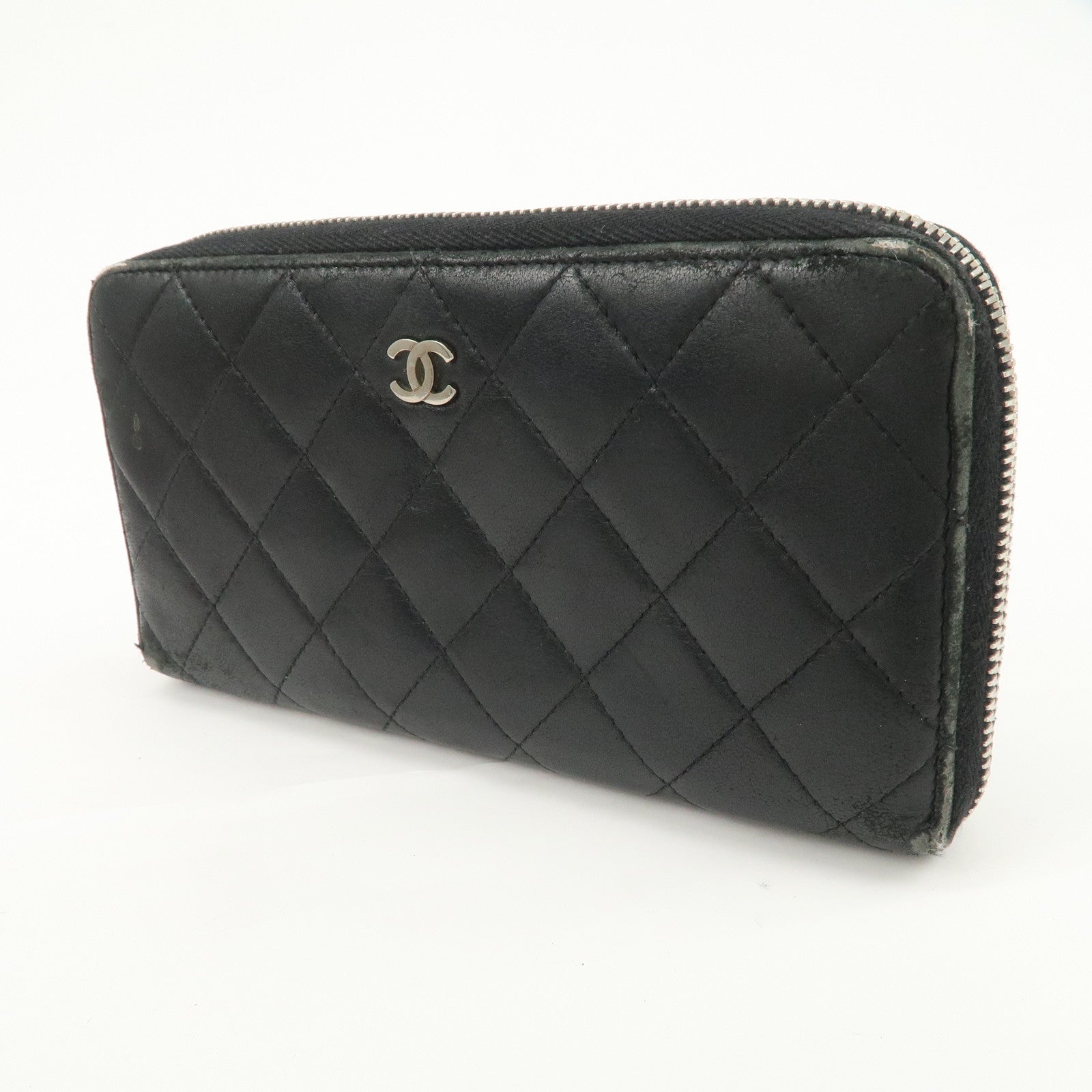 CHANEL Matelasse Lamb Skin Round Zippy Long Wallet Black A50097