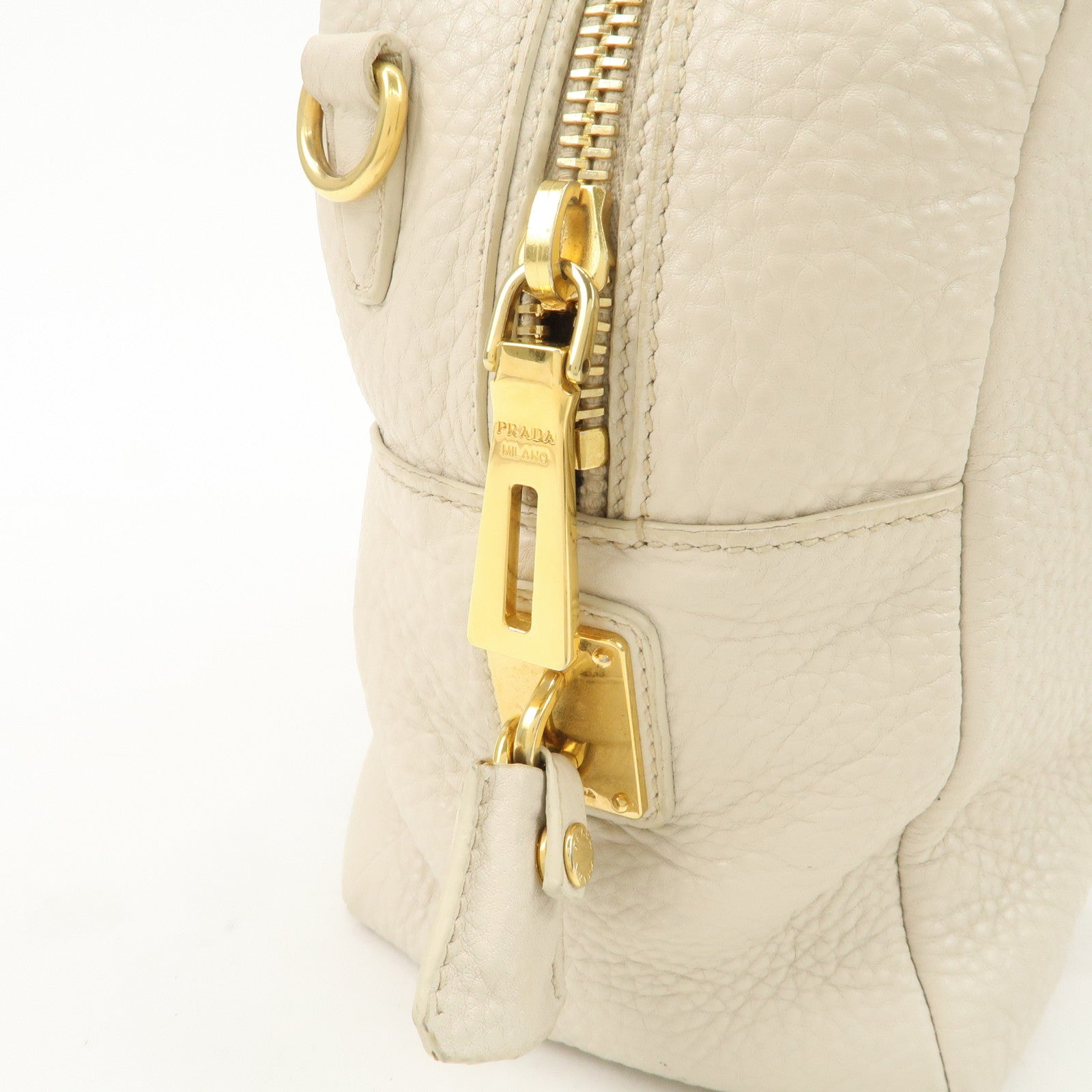 PRADA Logo Leather 2Way Boston Shoulder Bag Gold HDW Ivory