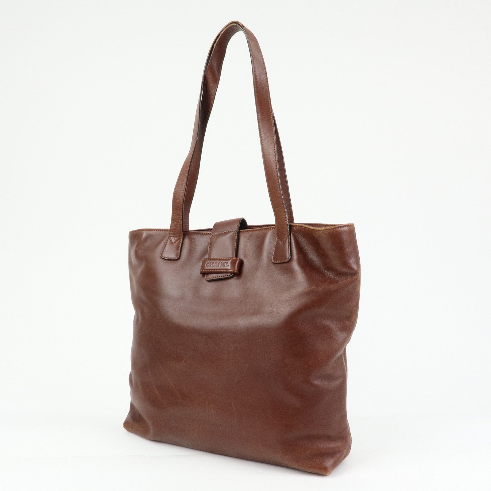 CHANEL Logo Leather Tote Bag Shoulder Bag Red Brown