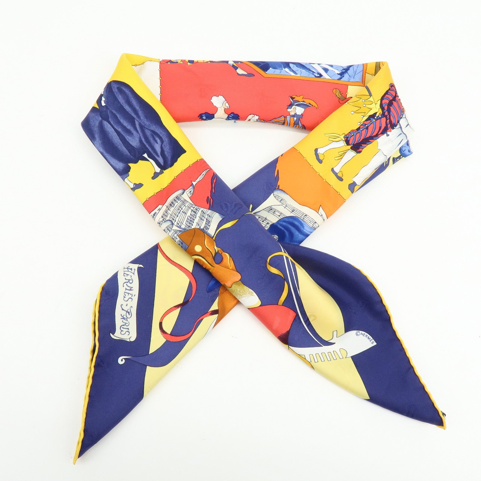 HERMES Carre 90 Silk 100% Scarf LE CARNAVAL DE VENISE Yellow Navy