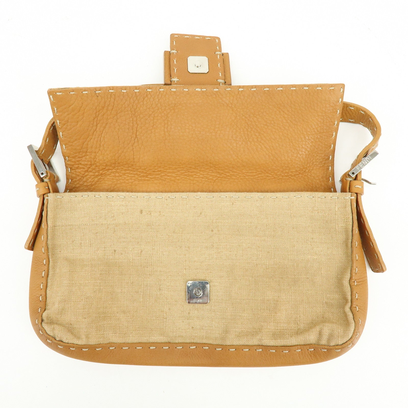 FENDI Mamma Baguette Selleria Linen Leather Shoulder Bag 8BR101