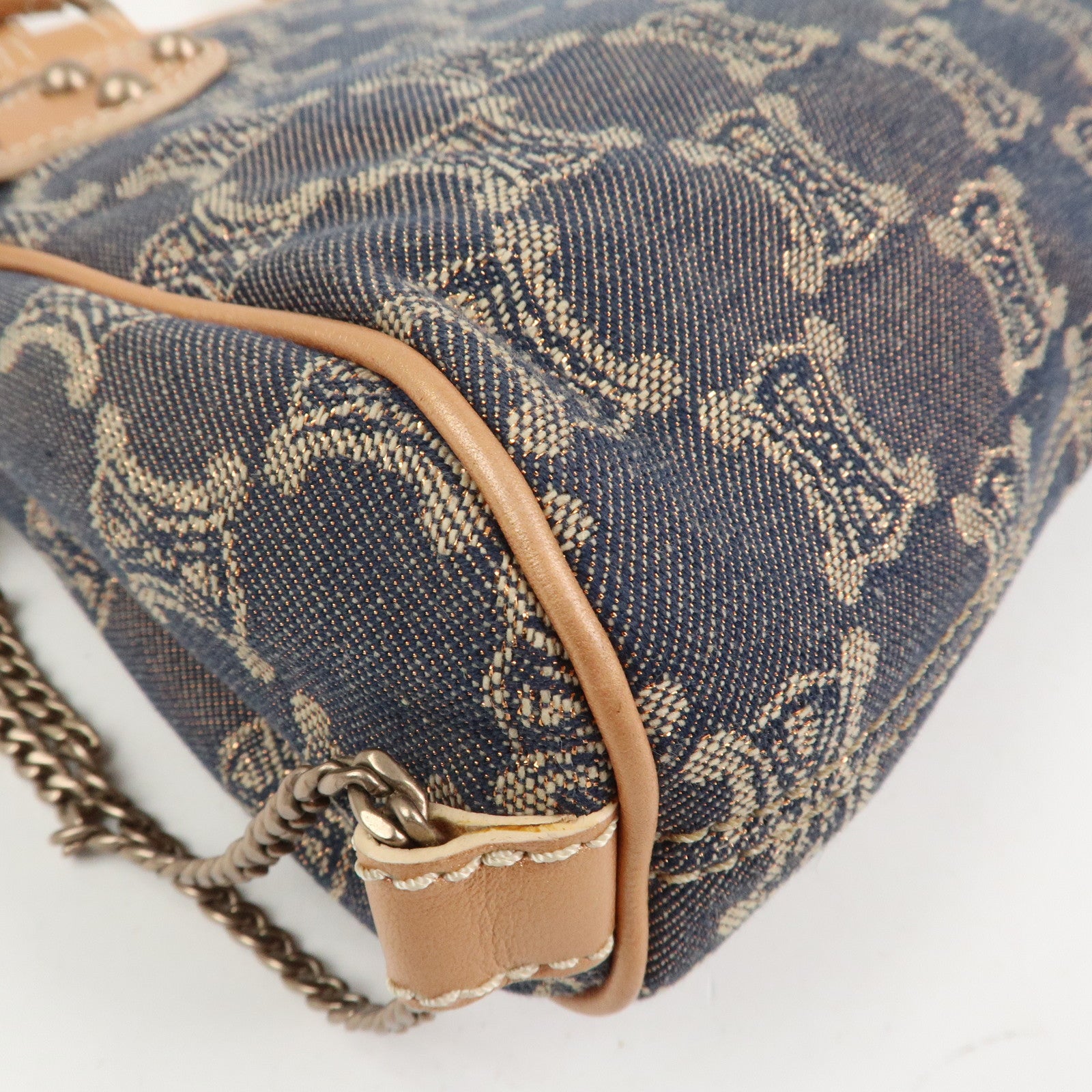 CELINE Macadam Denim Leather Glitter Hand Bag Metallic Pink Navy