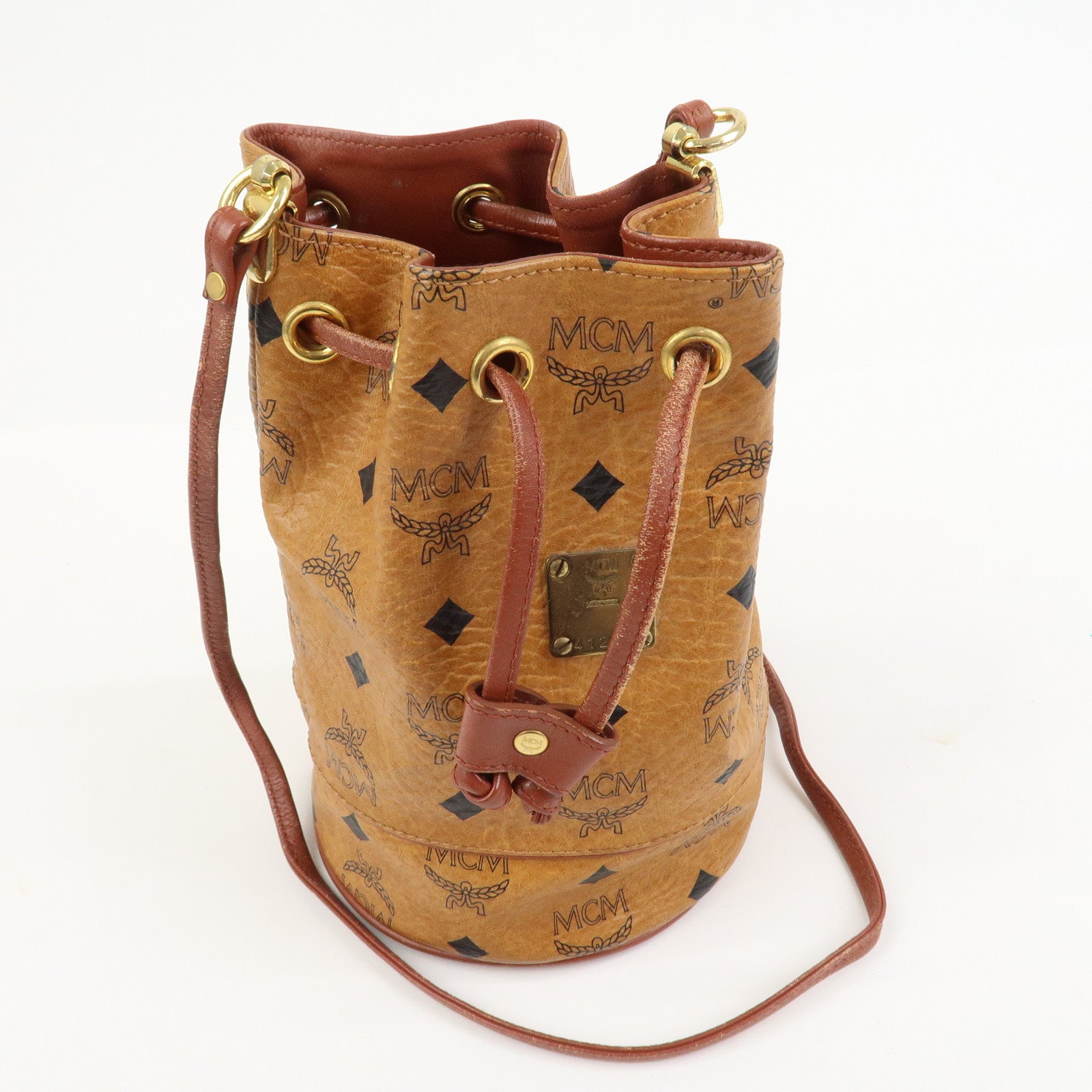 MCM Visetos Leather Drawstring Shoulder Bag Brown