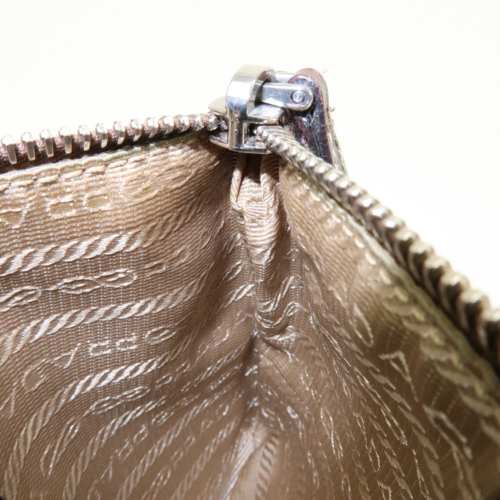 PRADA Logo Jacquard Leather Pouch Cosmetic Case Beige Brown