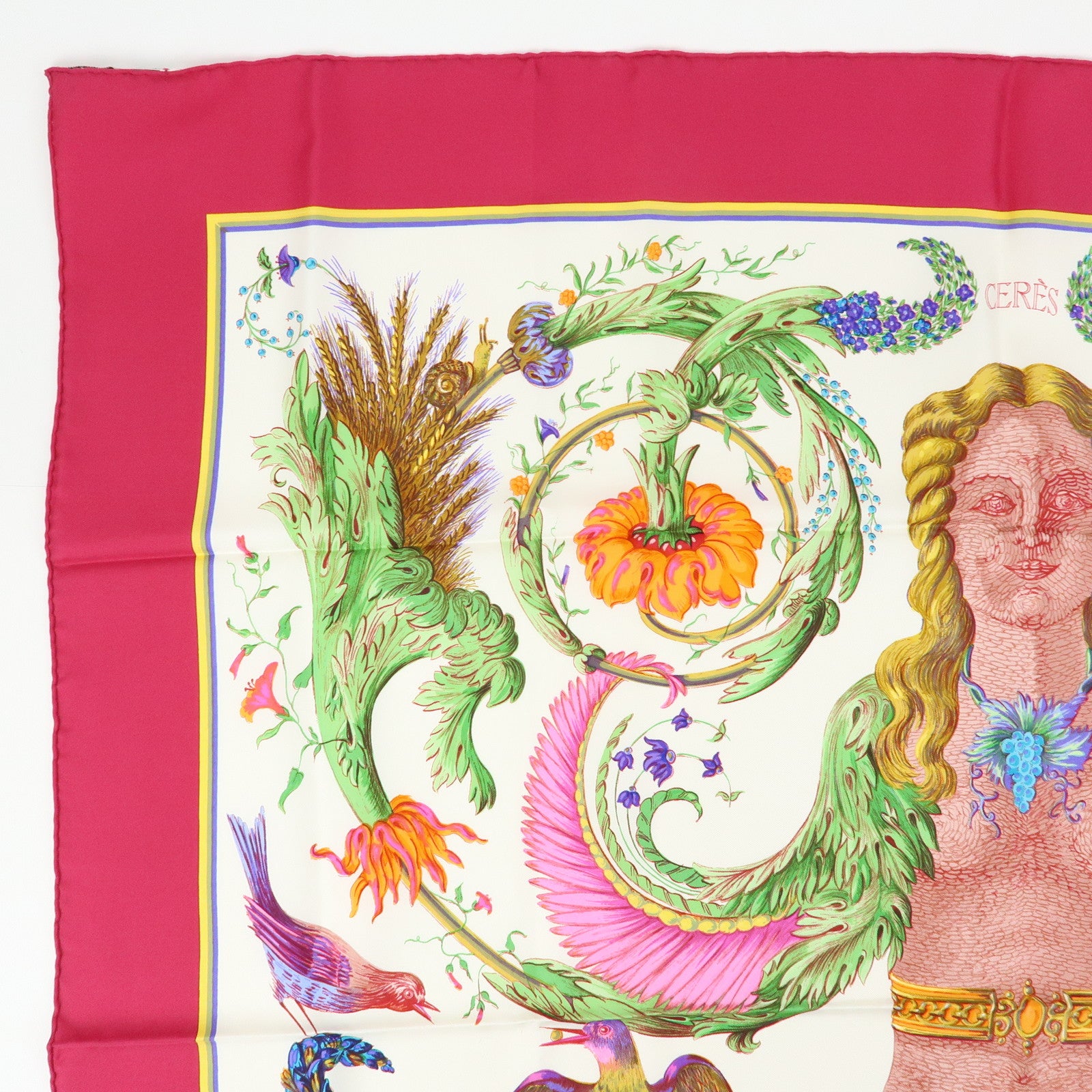 HERMES Carre 90 Silk 100% Scarf CERES White Pink Yellow Green