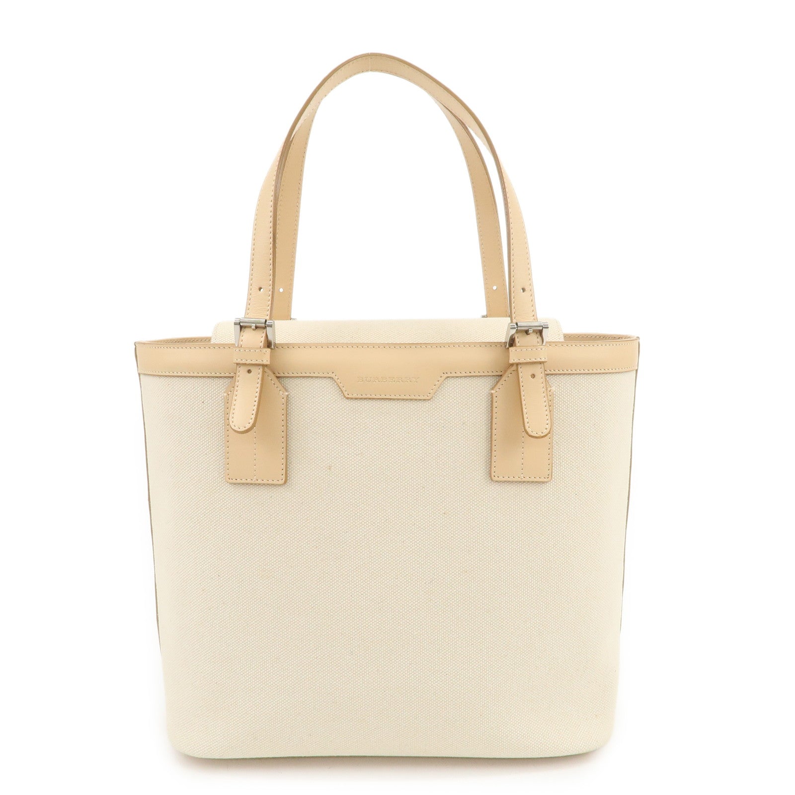BURBERRY Cotton Leather Tote Bag Hand Bag Natural Beige