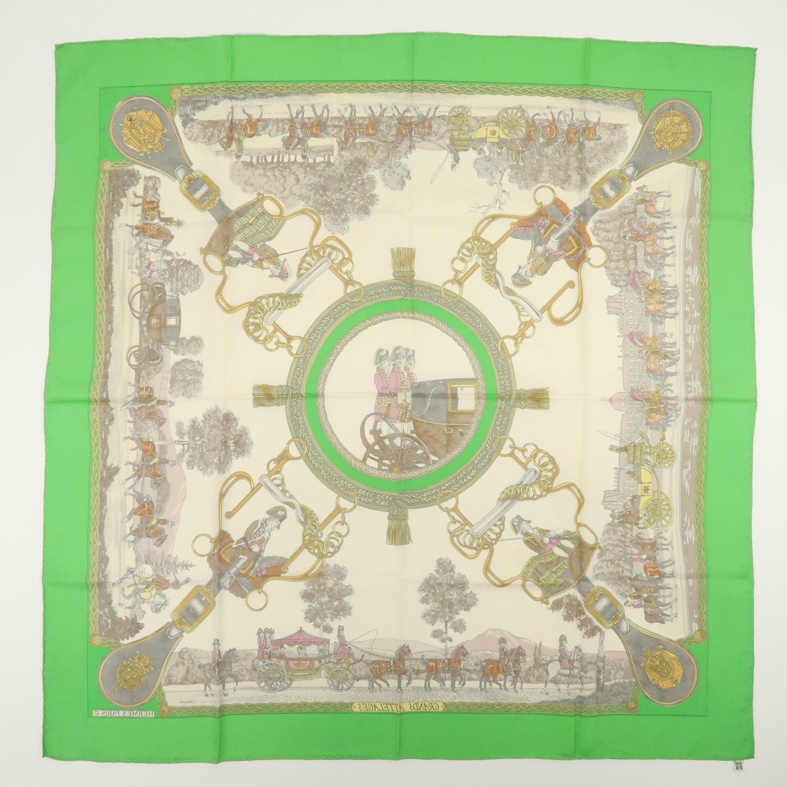 HERMES Carre 90 Silk 100% Scarf GRANDS ATTELAGES Green Pink Gold