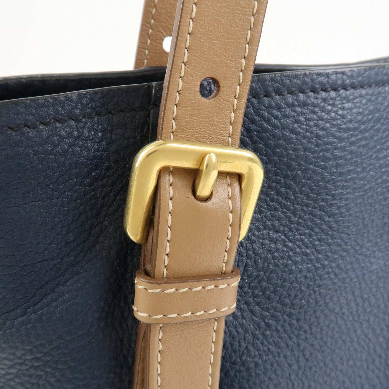 PRADA Logo Leather Tote Bag Shoulder Bag Navy Light Brown 1BG064