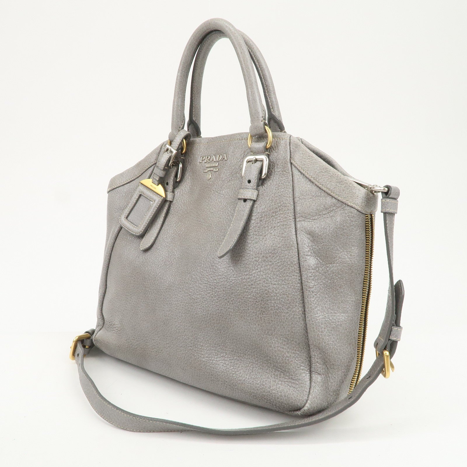 PRADA Logo Leather 2Way Bag Hand Bag Shoulder Bag Gray BN1695