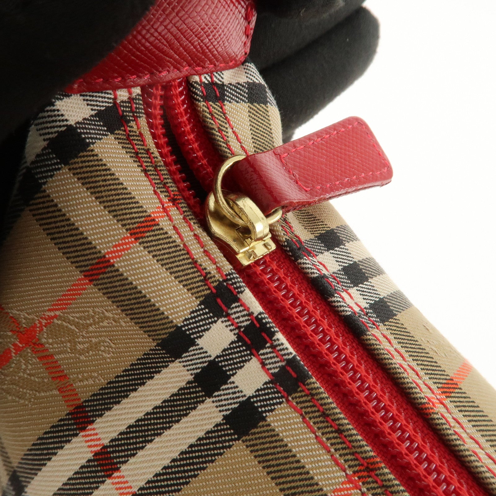 BURBERRY Nova Plaid Canvas Leather Hand Bag Shoulder Bag Beige Red