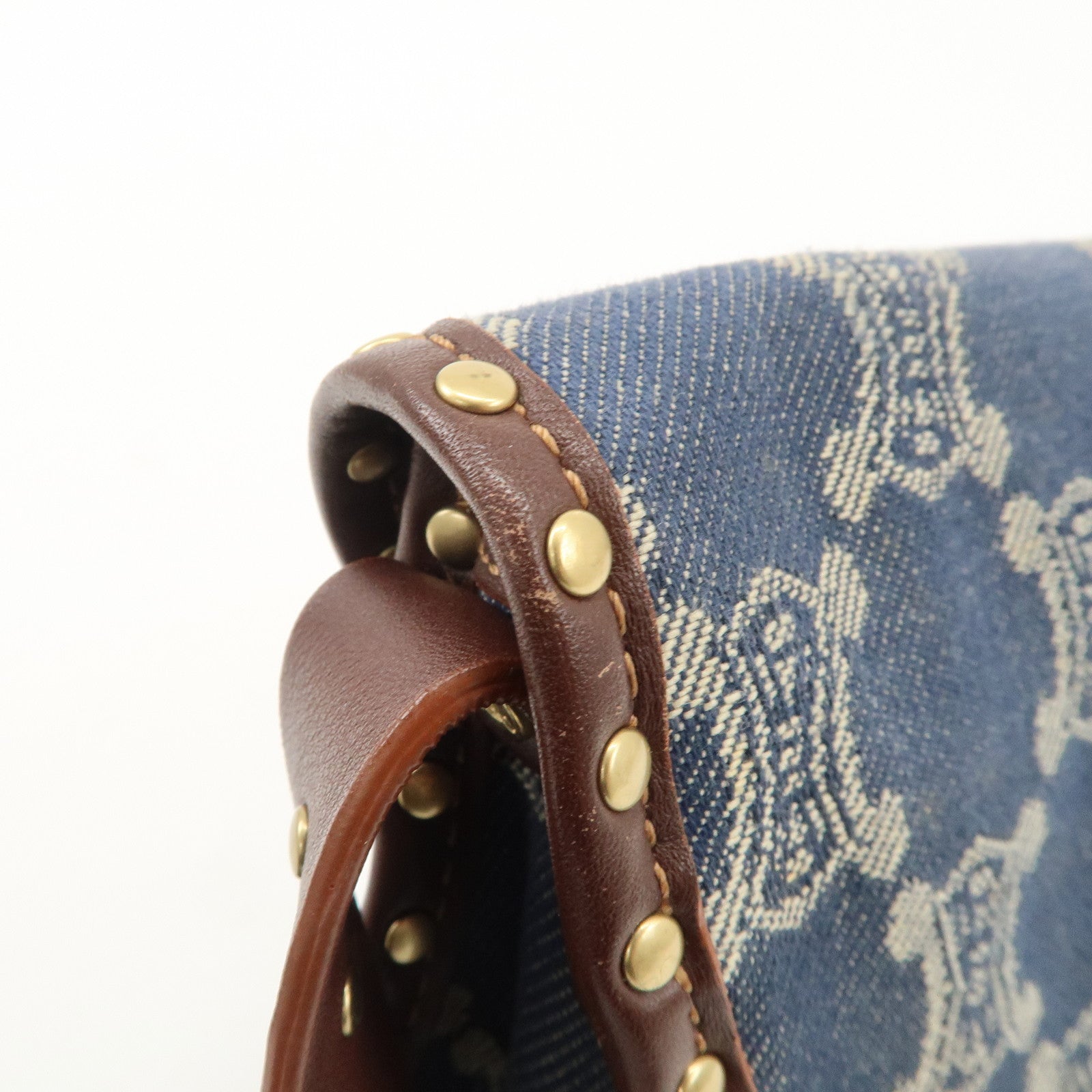 CELINE Macadam Studs Denim Leather Shoulder Bag Dark Brown Navy Used