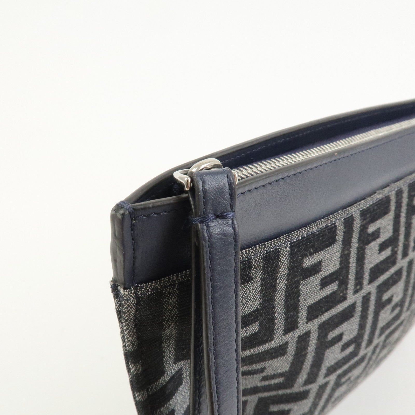 FENDI Zucca Flat Slim Canvas Leather Clutch Bag Navy 7N0134