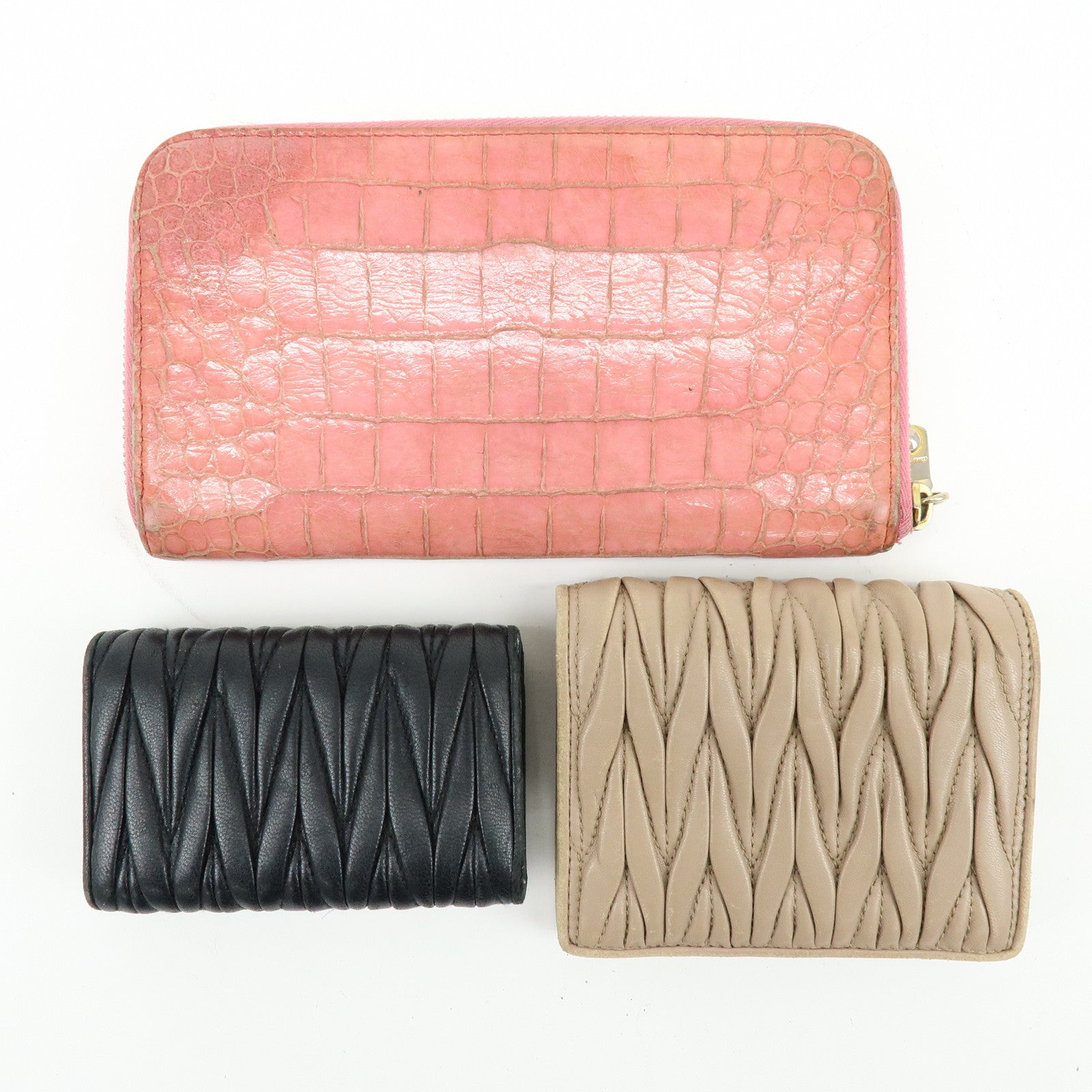 MIU MIU Set of 3 Leather Wallet Key Case Pink Black Light Brown