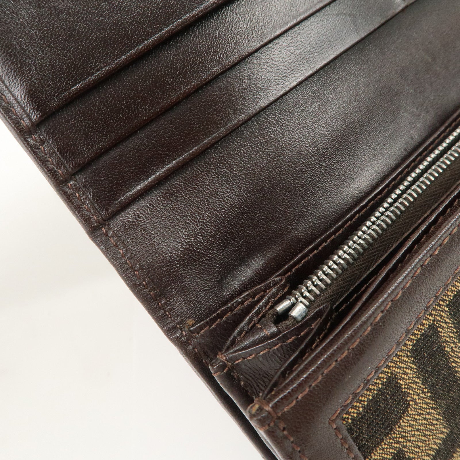FENDI Zucca Canvas Leather Flap Long Wallet Brown 31084