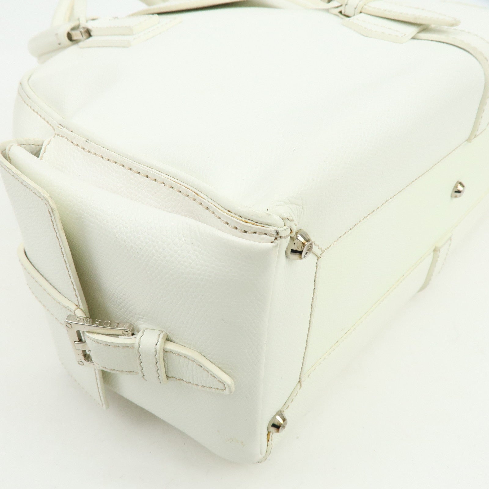 LOEWE Logo Side Pocket Leather Boston Bag Hand Bag White