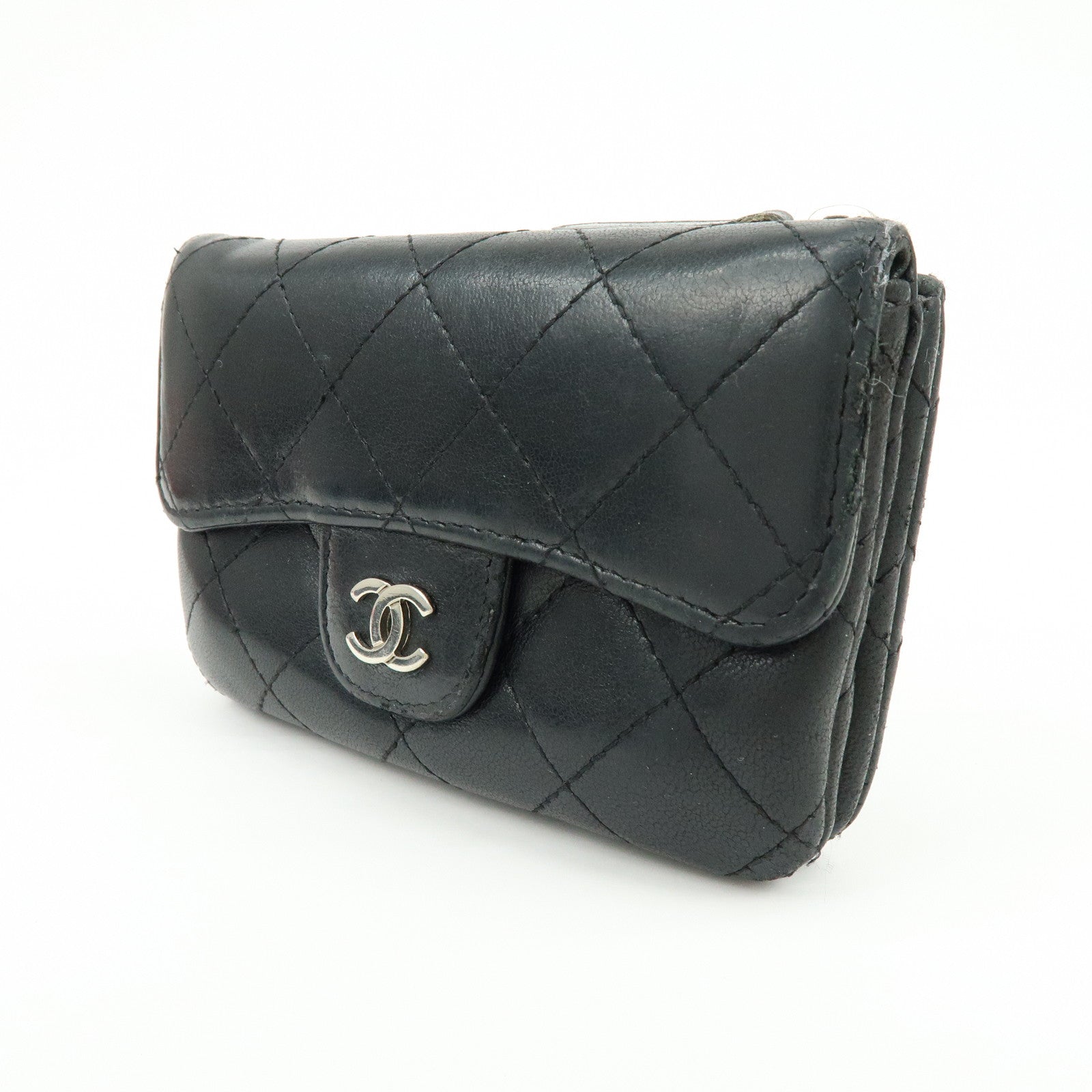 CHANEL Matelasse Lamb Skin Card Case Coin Case Black AP0214