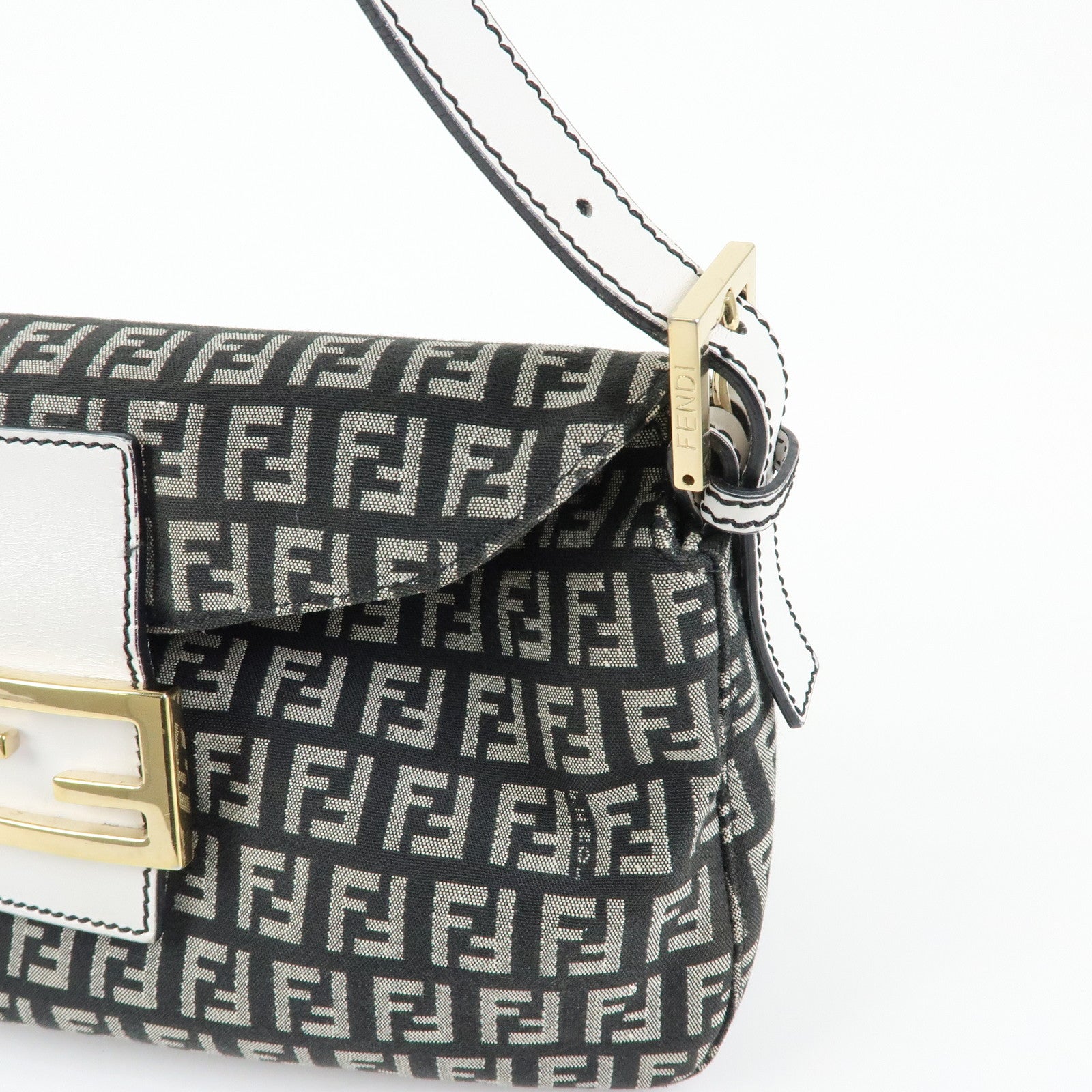 FENDI Zucchino Canvas Leather Shoulder Hand Bag Black White 8BR003