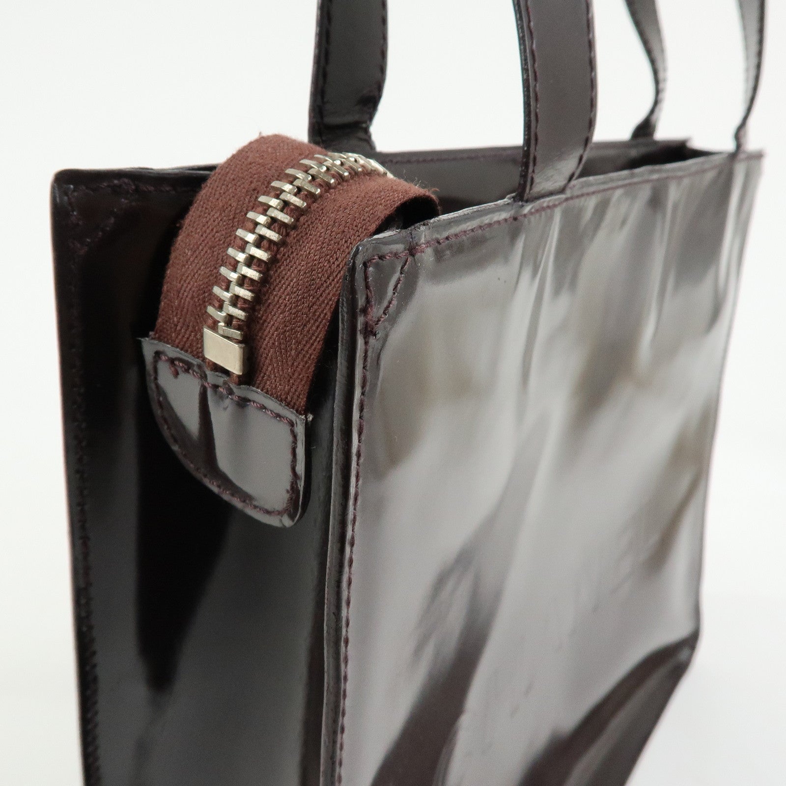 CHANEL Logo Patent Leather Tote Bag Shoulder Bag Brown