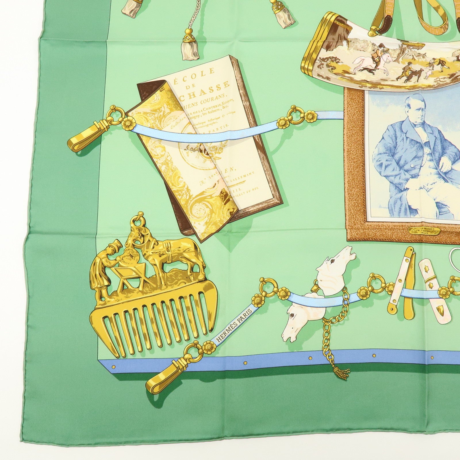 HERMES Carre 90 Silk 100% Memoire d'Hermes Scarf Green Brown Gold