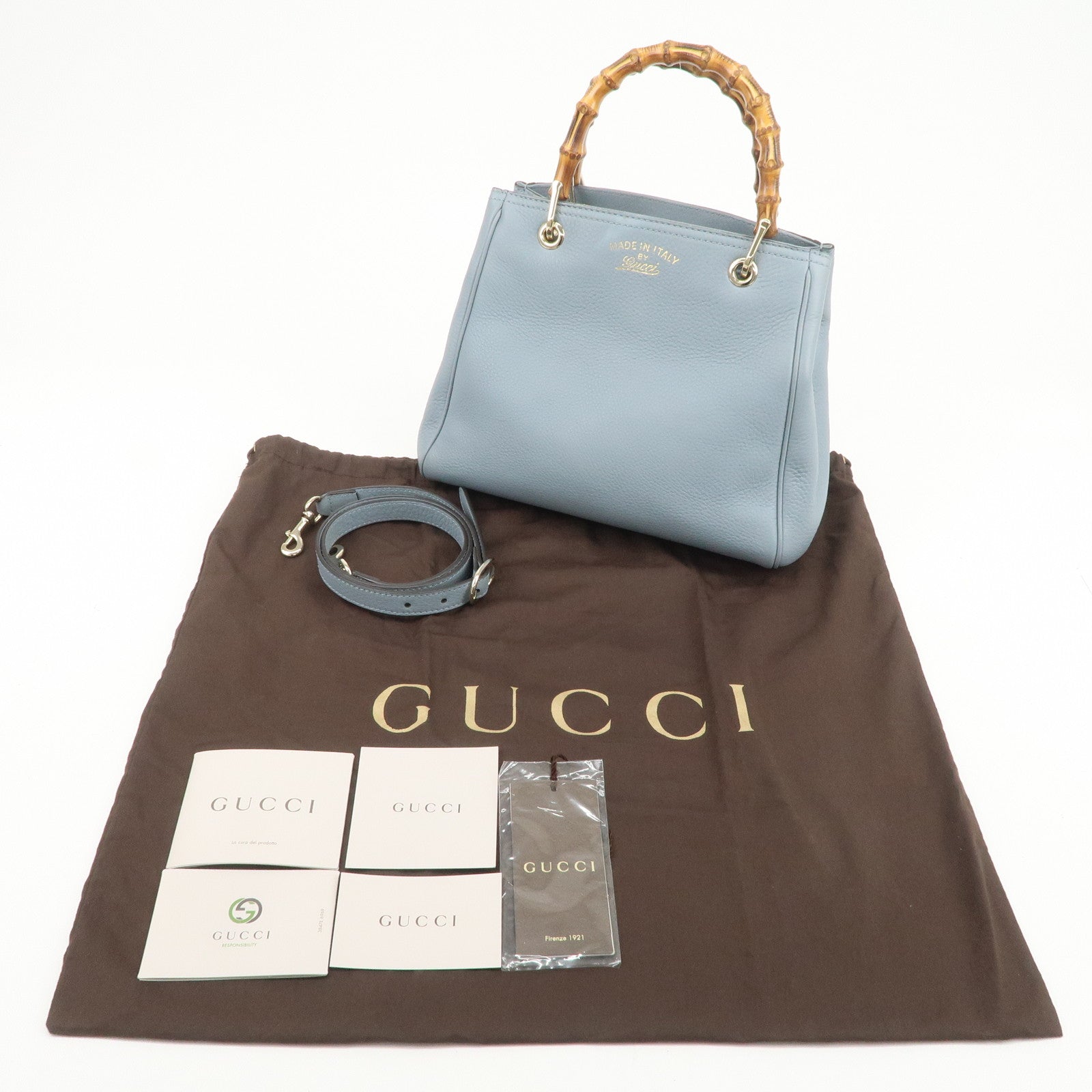 GUCCI Bamboo Leather 2Way Bag Hand Shoulder Bag Light Blue 336032