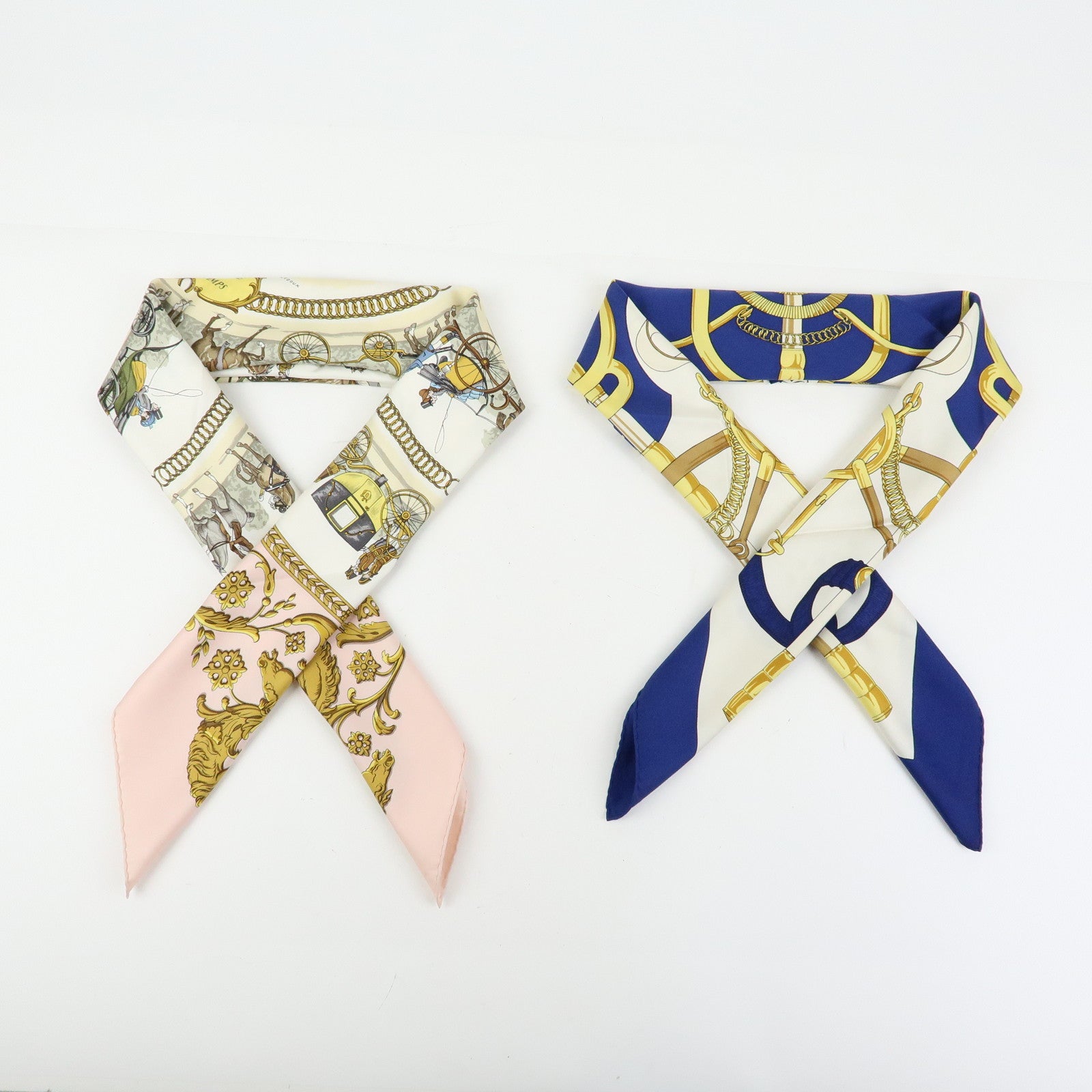 HERMES Carre 90 Set of 2 Silk 100% Scarf Light Pink Navy White