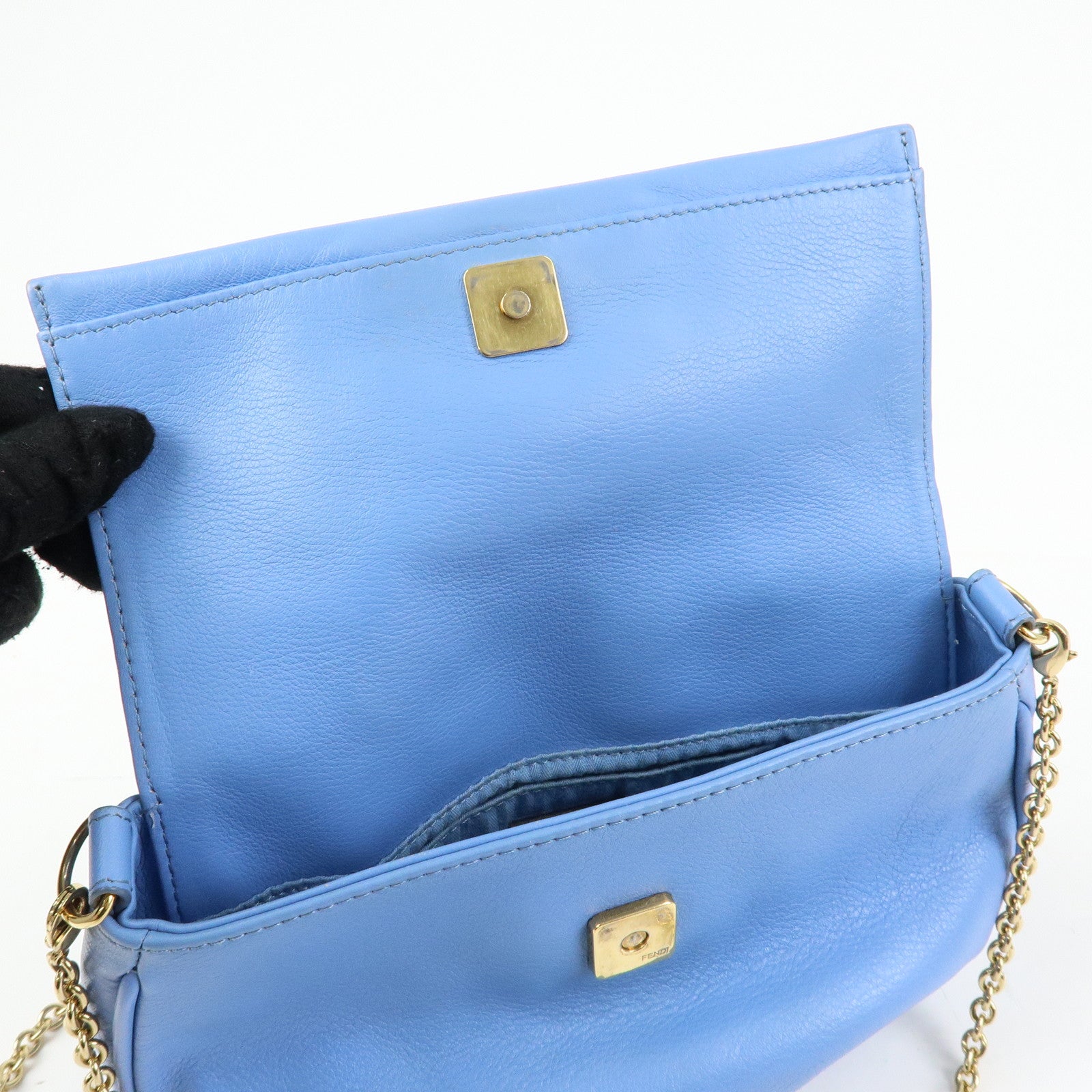 FENDI Leather Chain Shoulder Bag Crossbody Bag Light Blue 8M0276