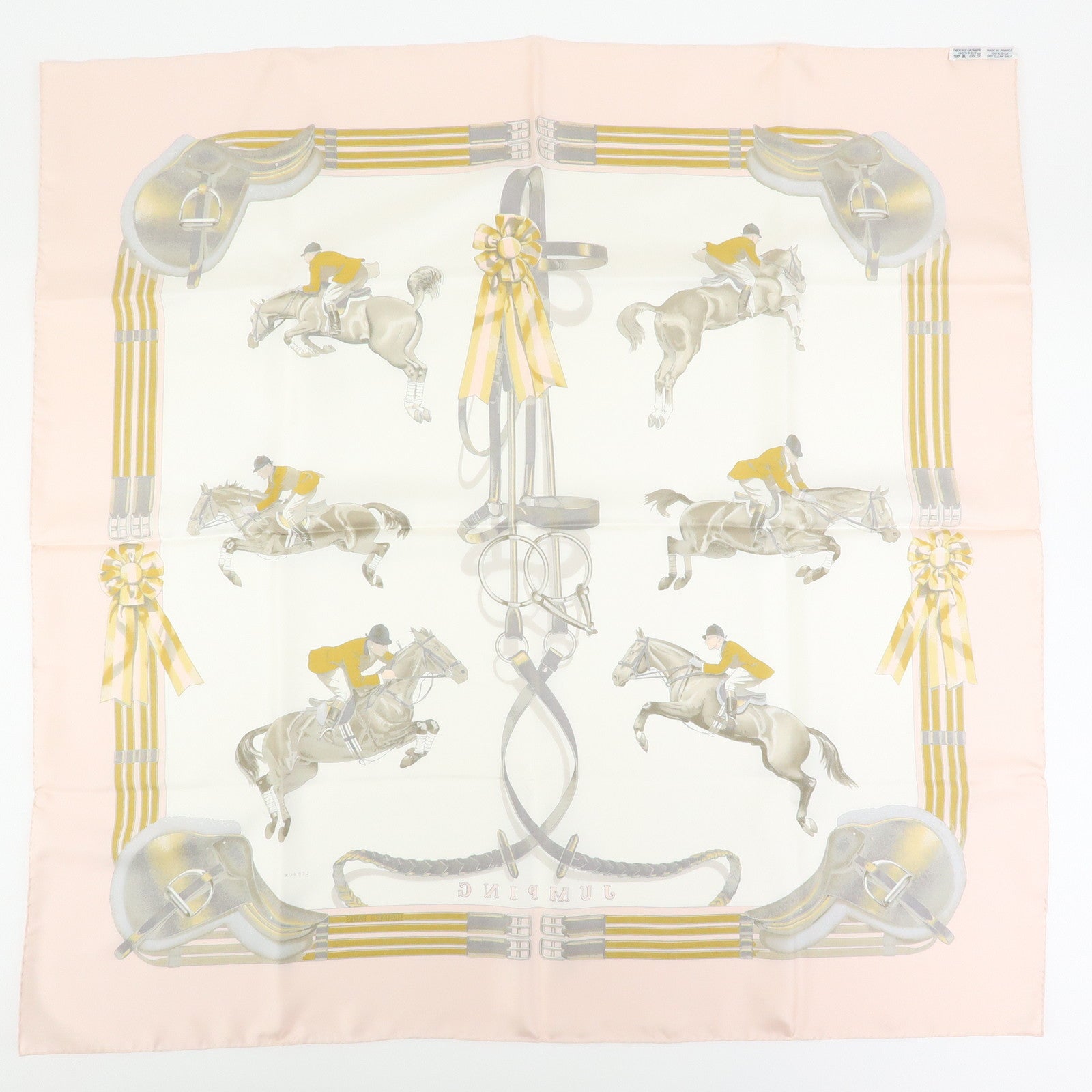 HERMES Carre 90 Silk 100% Scarf JUMPING Equestrianism Pink Brown