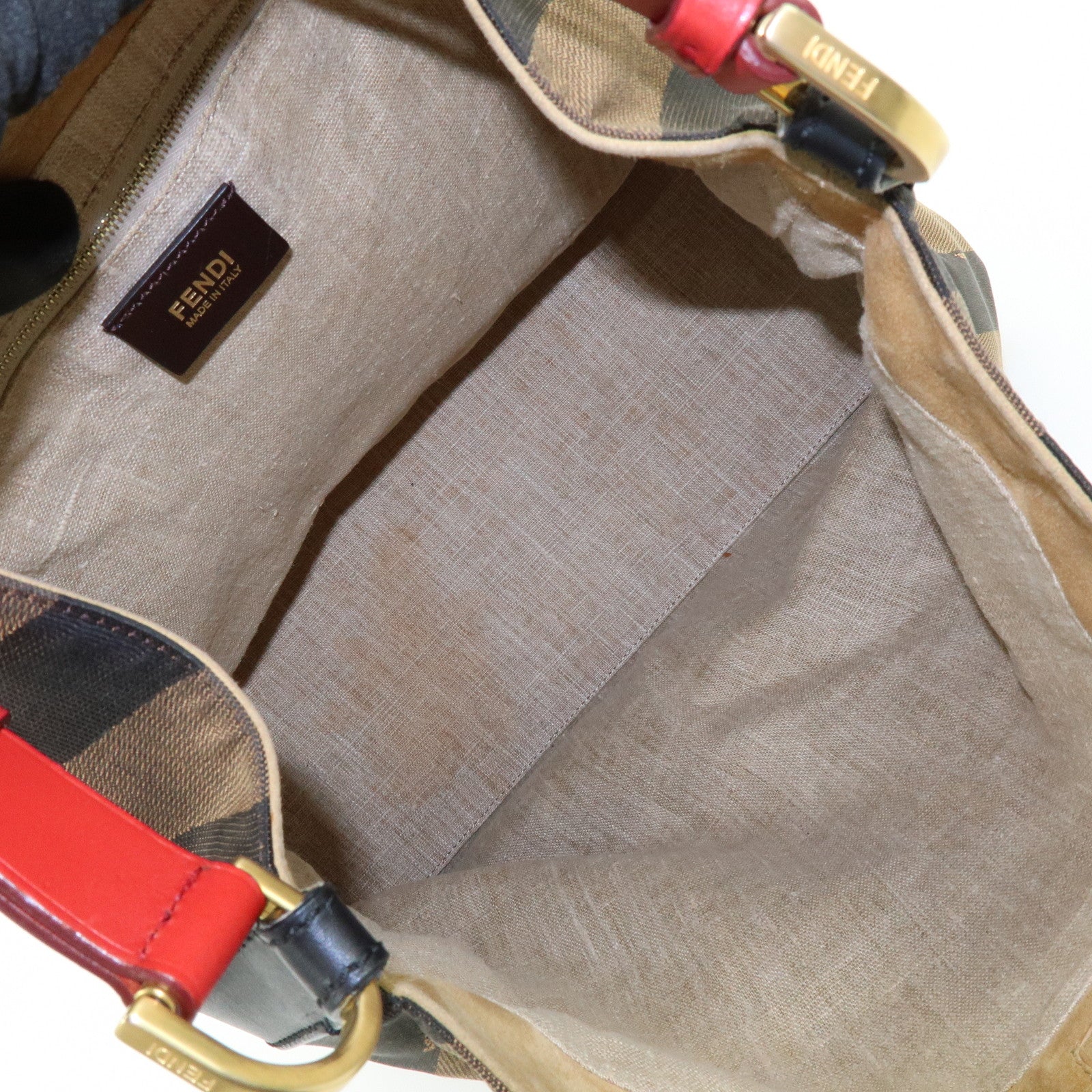 FENDI Pequin Canvas Leather Shoulder Bag Hand Bag Brown Red 8BR653