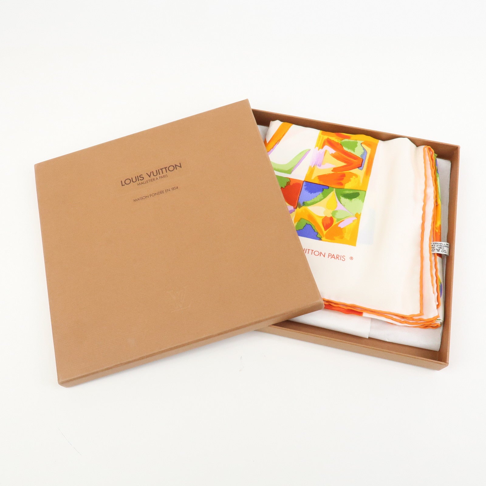 Louis Vuitton Monogram Silk 100％ Scarf White Orange Watercolor