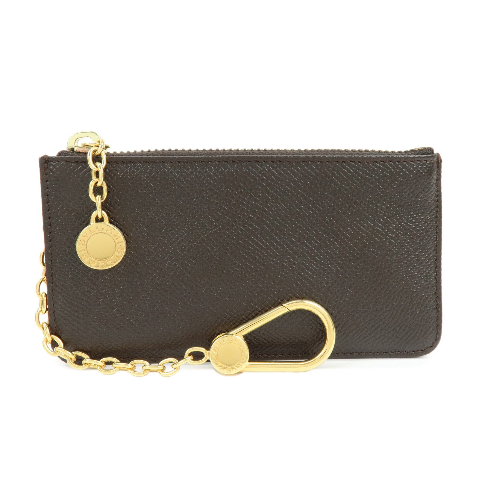 BVLGARI Leather Coin Case Coin Purse Key Chain Dark Brown