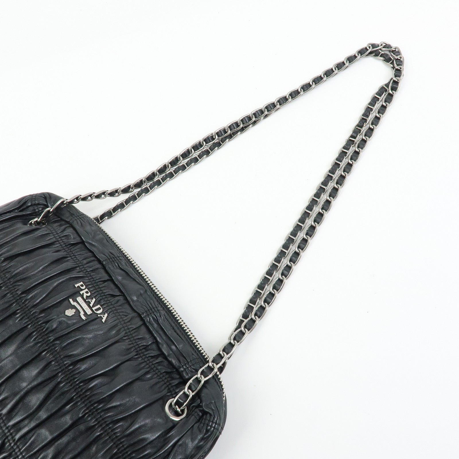 PRADA Logo Nappa Leather Gathered Chain Shoulder Bag Black