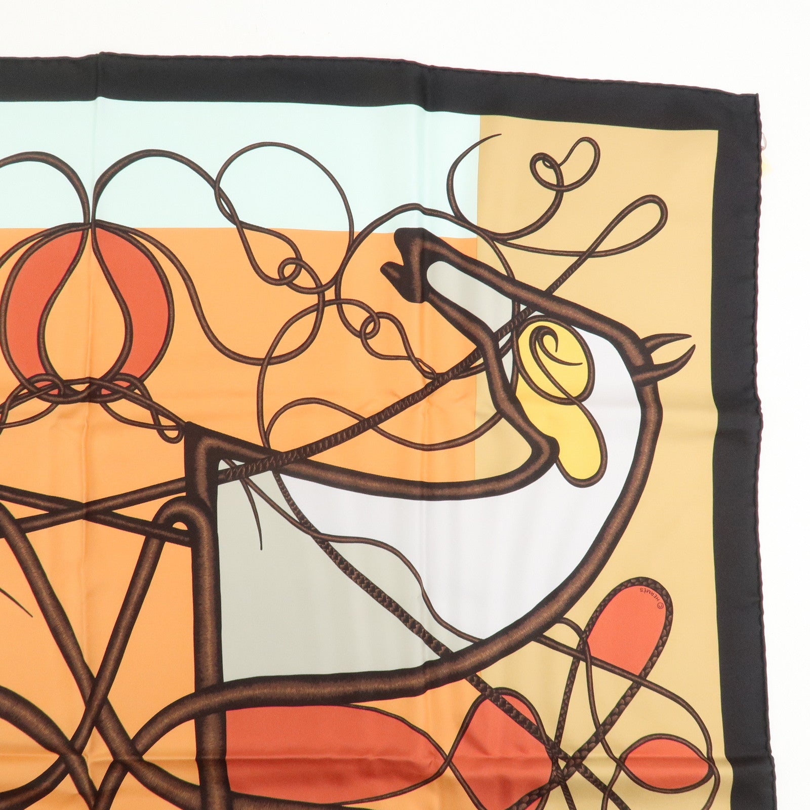 HERMES Carre 90 Silk 100% Coup de Fouet Scarf Black Multicolor