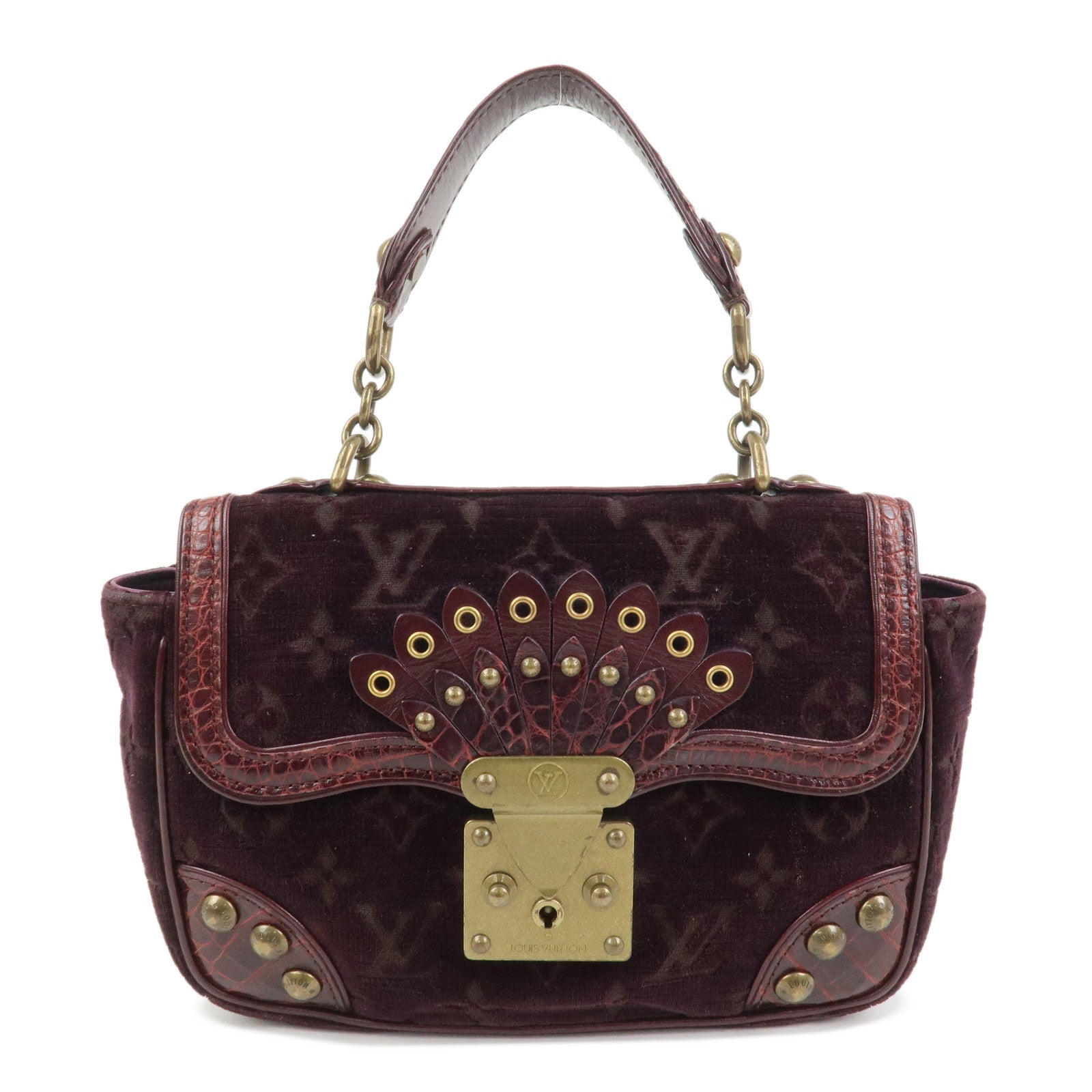 Louis Vuitton Monogram Vleur Velvet Leather Hand Bag Burgundy