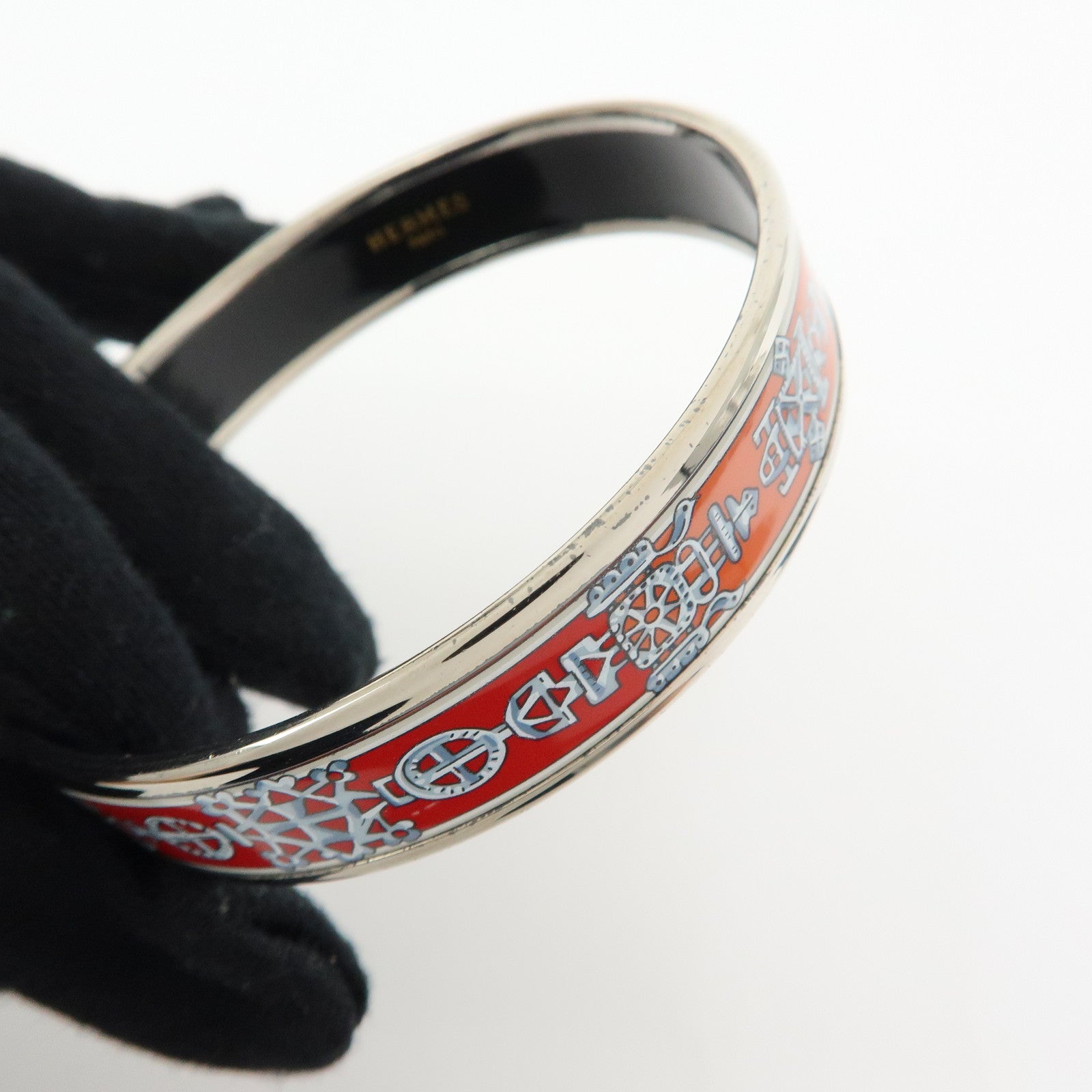 HERMES Email MM Bangle Plated Bracelet Red Silver