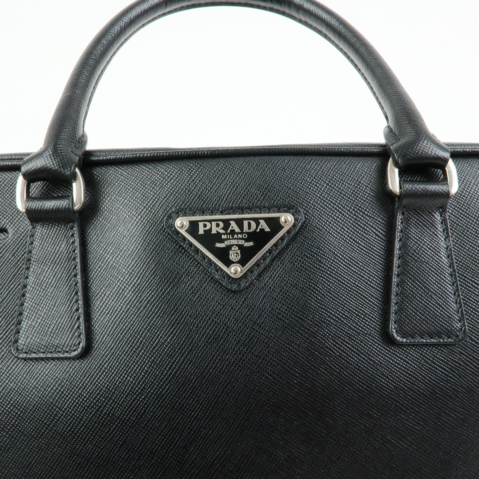 PRADA Triangle Logo Saffiano Leather Hand Bag Boston Bag Black