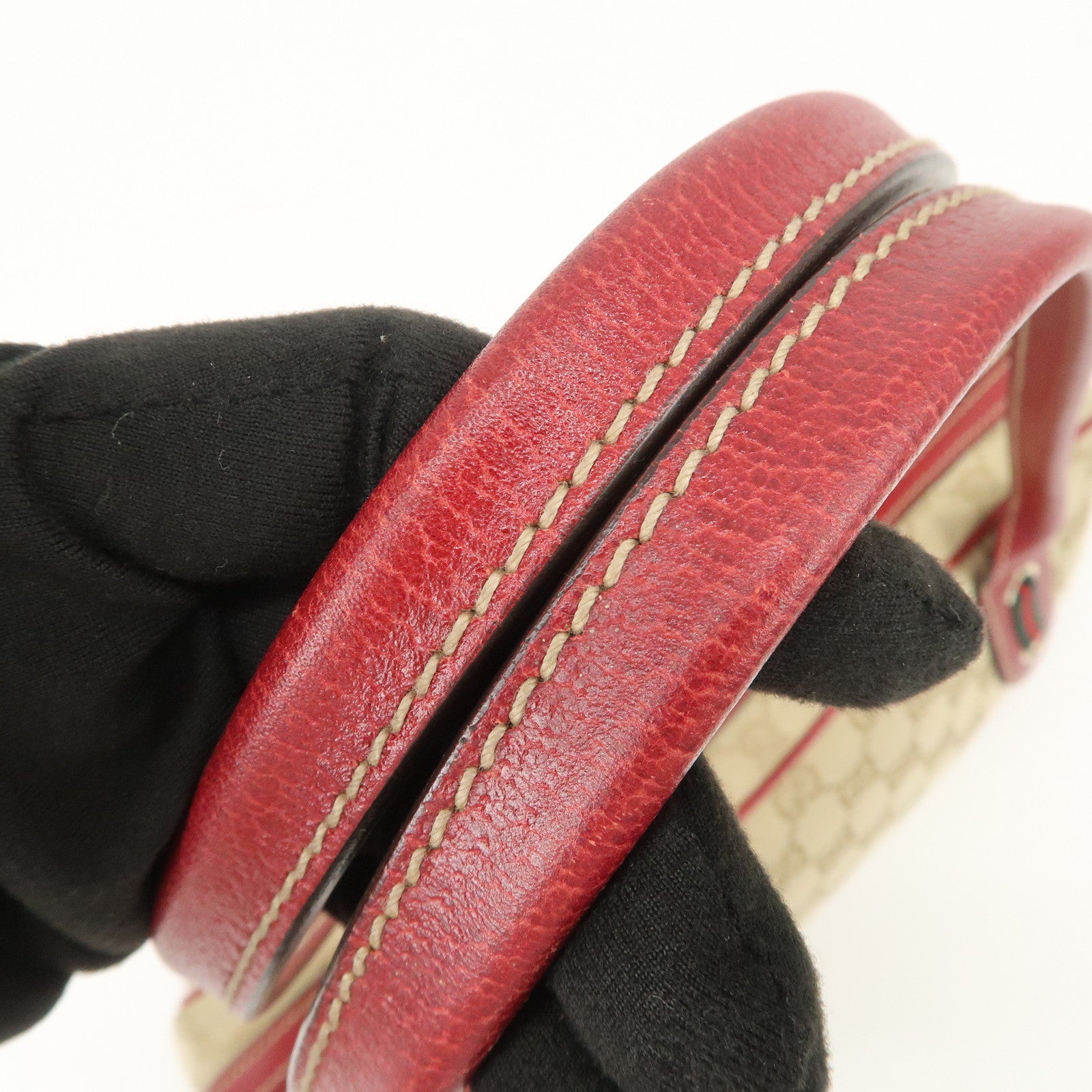 GUCCI Sherry Princy Leather GG Canvas Boston Bag Beige Red 161720