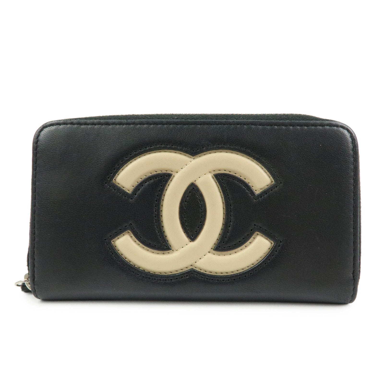 CHANEL COCO Mark Lamb Skin Round Zippy Compact Wallet Black Beige